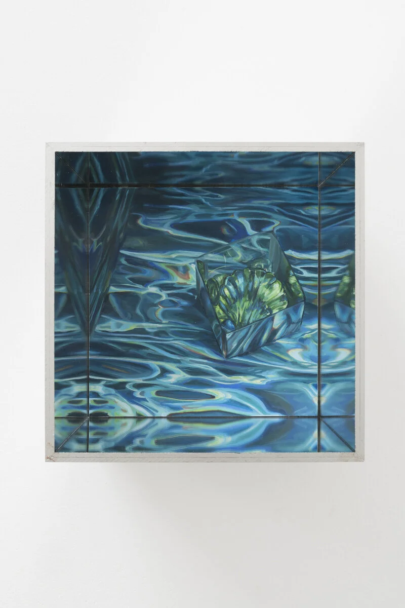 Curiosities II, acrylic and oil on aluminium composite, acrylic mirror fram, 19 x 19 x 12.5 cm, 2019.