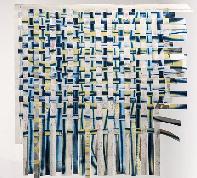 Weave, acrylic on reconstituted nautical charts 68 x 70, 2019.