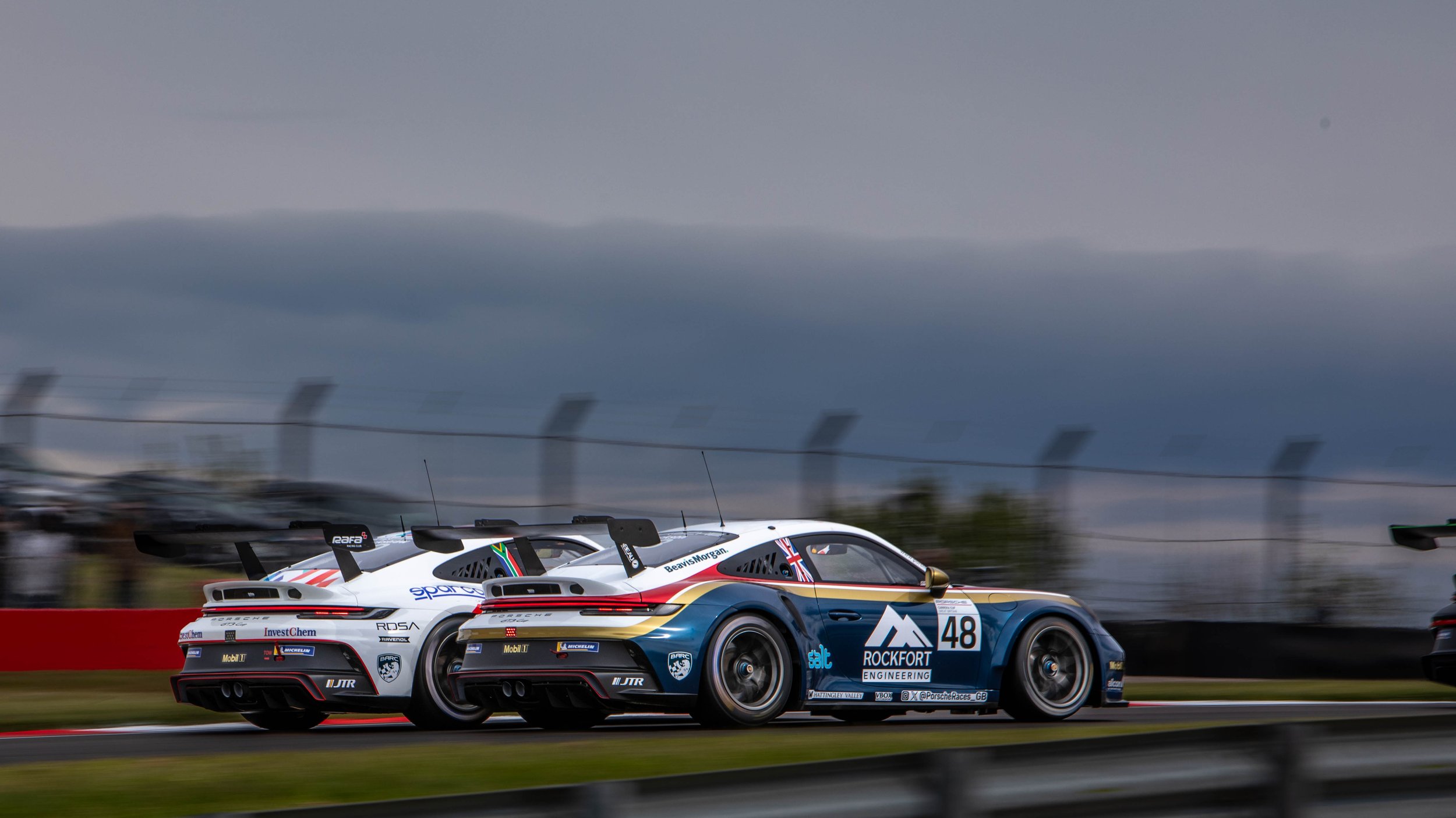  A wet Donington Park, Porsche Carrera Cup Race.   Date: 24th April 2024    Taken: f5.6, 1/125 sec iso 100 @ 400mm    With: Canon 5D mkIV and 70 - 200mm f2.8 + 2x extension.  
