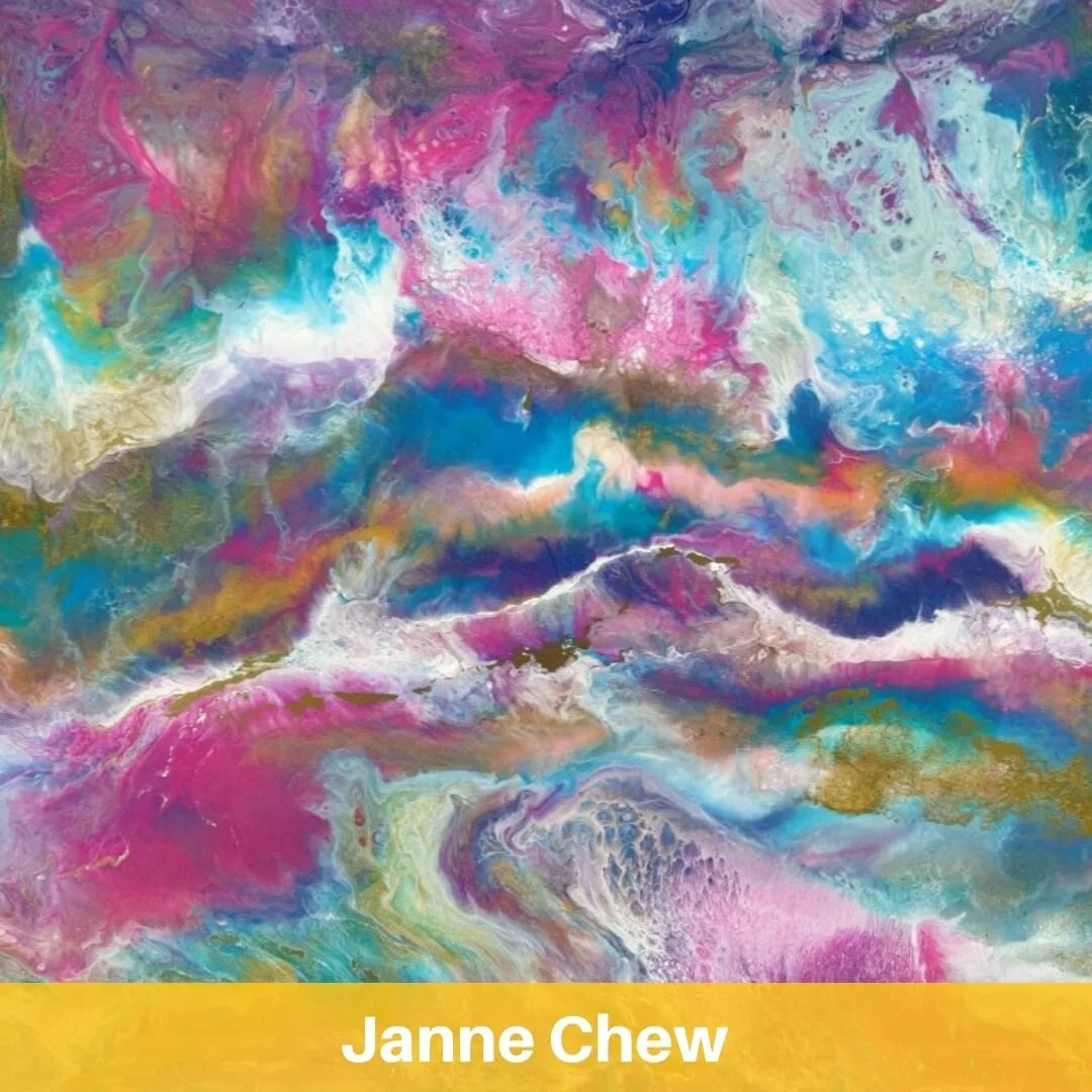 Janne Chew: Resonating Reflections   Janne Chew examines a variety of disciplines: Resin on glass and resin on wood makes up a substantial section of the work that explores the freedom of the medium and vibrant colour. To add to this vivid and fluid effect are a section of alcohol inks. Alongside the work in resin are a selection of acrylics on canvas, watercolour and pastel art.