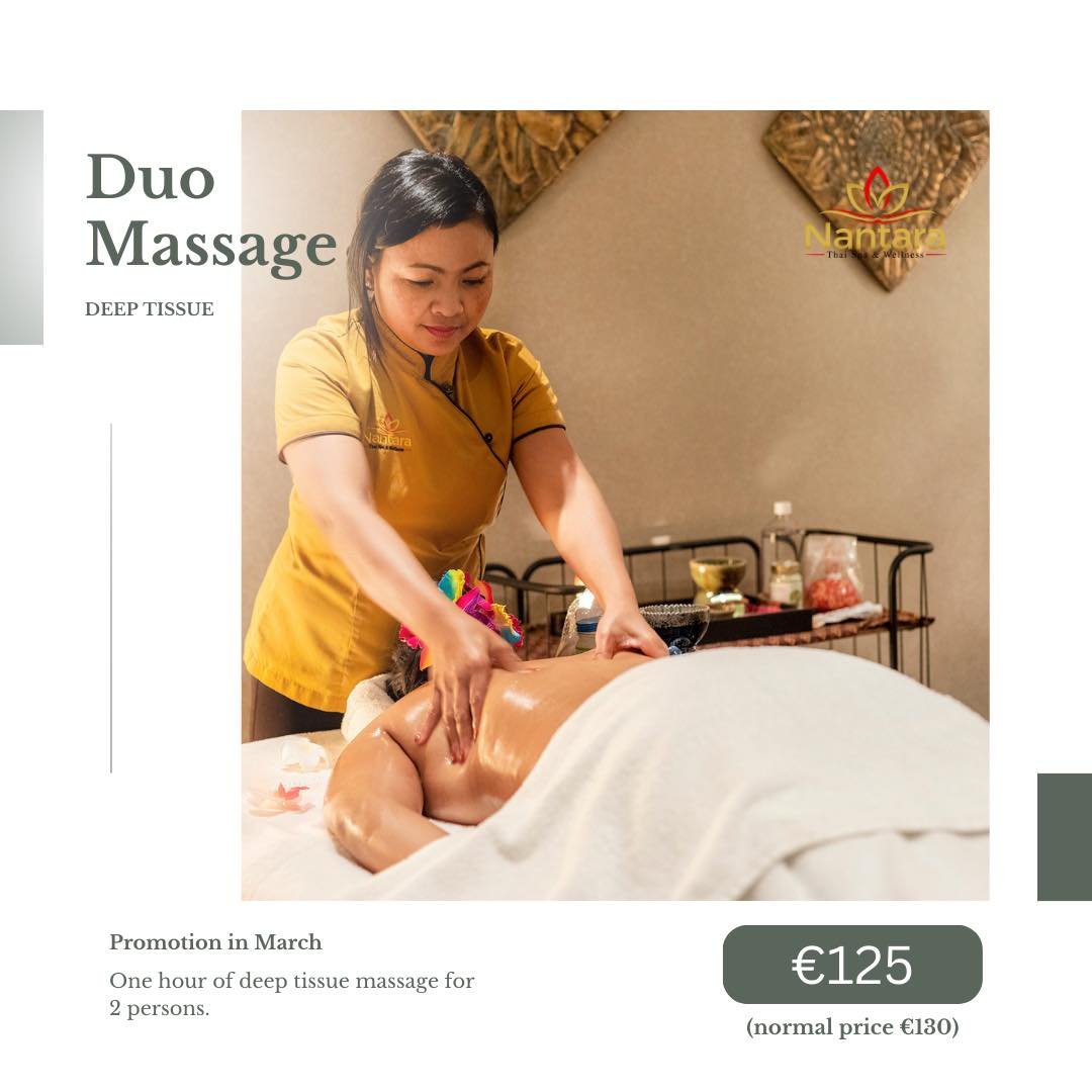 Duo Massage Promotion in March &euro;125
&ldquo;Deep tissue massage&rdquo;

Customers will experience a deep tissue for one hour for 2 persons. 

Read more information click  https://www.nantara.nl/duo-deep-tissue-massage-promotion

#spa #thaimassage