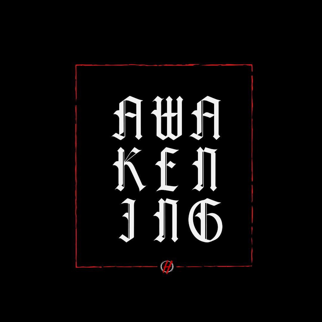Cursive Font - White Awakening Logo with Red Frame