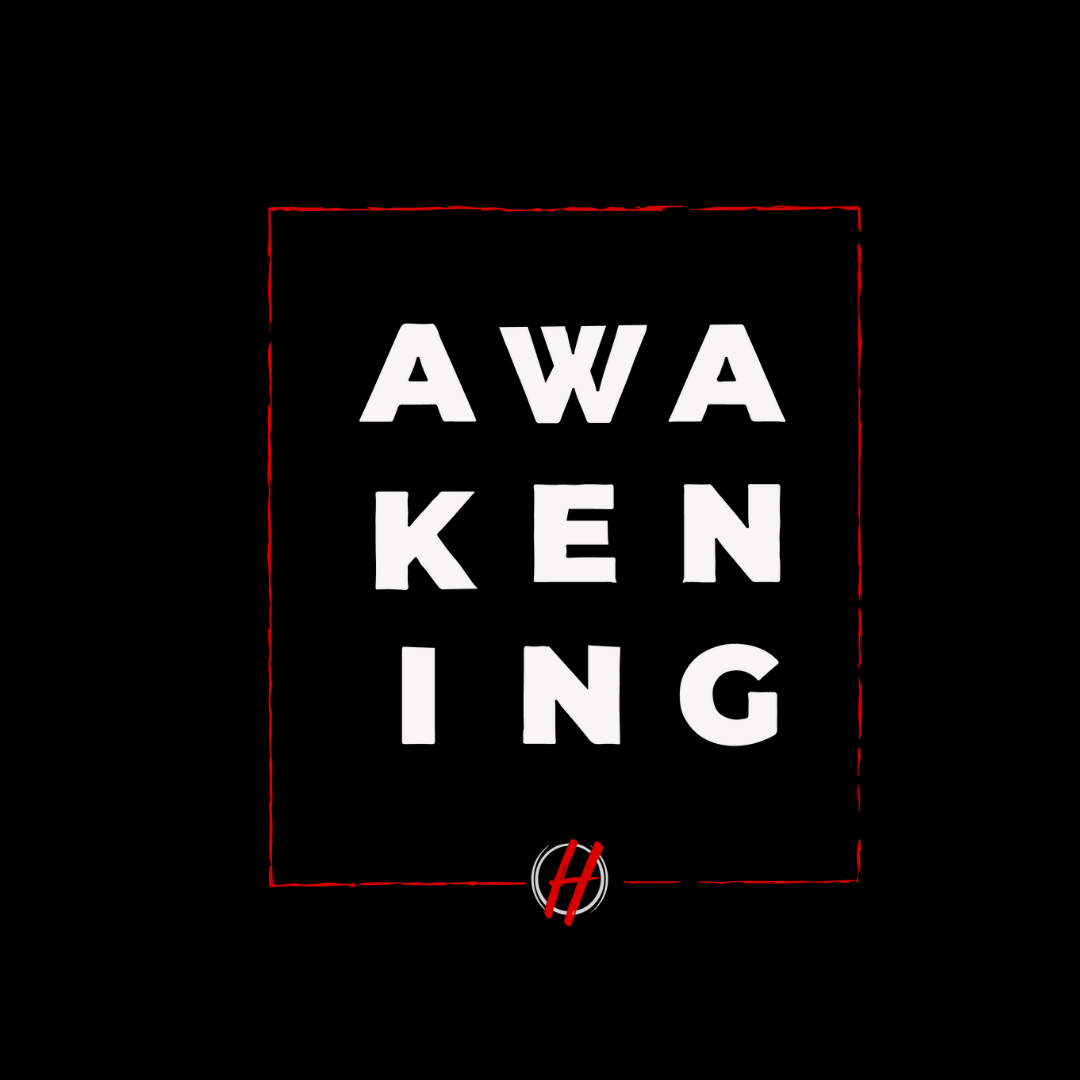 Block Font - White Awakening Logo with Red Frame