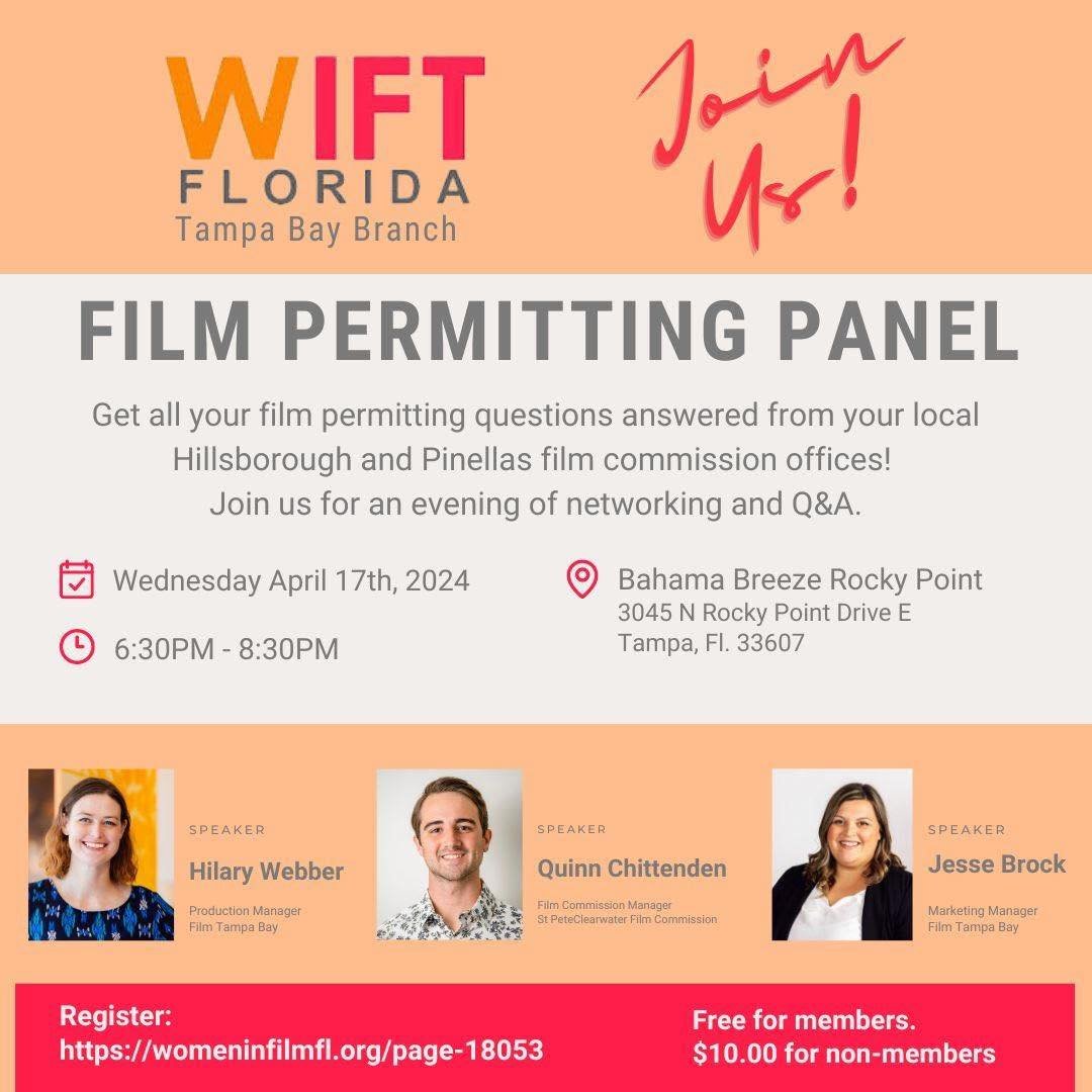 Join us tonight for @wiftflorida's Film Permitting Panel! 

Learn from your local Hillsborough &amp; Pinellas Film Commission Offices! Join us for an evening of networking and Q&amp;A.

Wed, Apr 17 | 6:30-8:30pm | Bahama Breeze Rocky Point 3045 N Roc