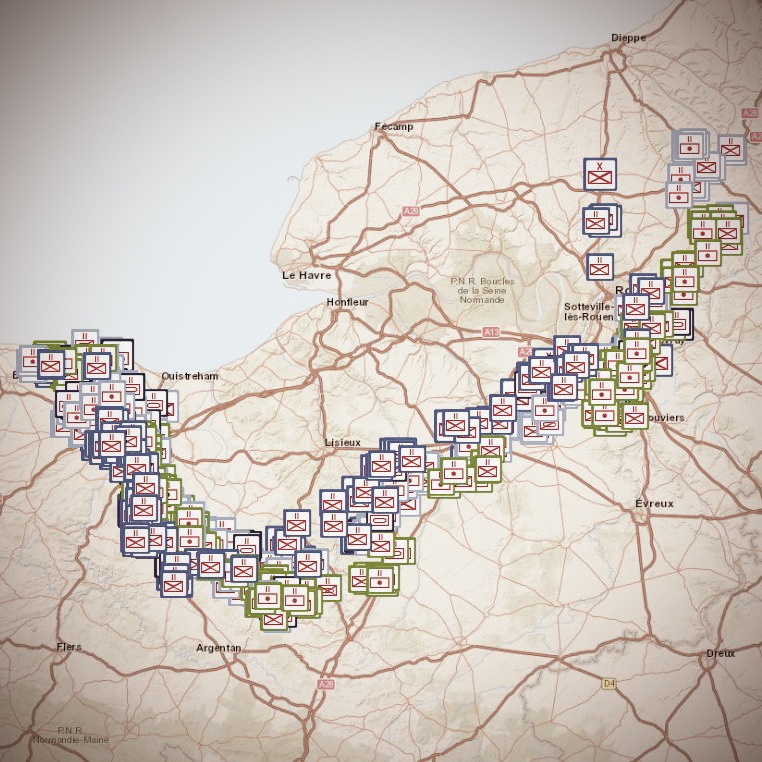 Unit positions of the First Canadian Army across 87 days of combat, mapped from the division to battalion level, and showing infantry, armoured, artillery, and engineer units. - Image from Project ‘44 Alpha.