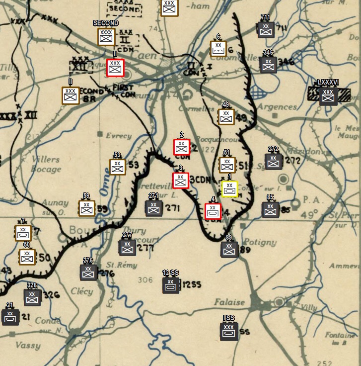 Opération Totaliser. La première armée canadienne tente de fermer Falaise Gap et de détruire l'armée allemande en Normandie. Carte de situation du groupe de la douzième armée. - Image du projet '44 Alpha.