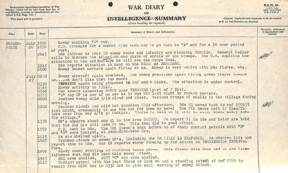 Journal de guerre de Stormont, Dundas & Glengarry : 26 au 27 juillet 1944. - Archives CRMA