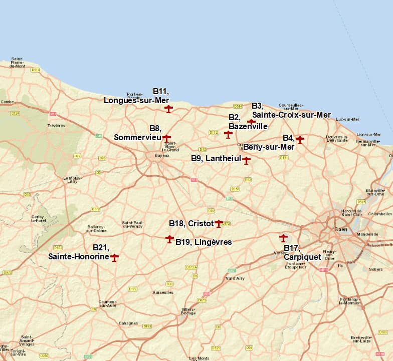 Carte ancienne montrant les aérodromes de l'ARC en Normandie. (Aérodromes collectés par Alexander Fitzgerald-Black et cartographiés par CRMA)