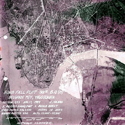 United States Army Air Corp (USAAC) Aerial photo of the damaged done on Belgrade after a bombing operation. Source: Aerial Photographs, compiled 1935–1970; Records of the Defense Intelligence Agency, Record Group 393; National Archives at College Park, College Park, MD.