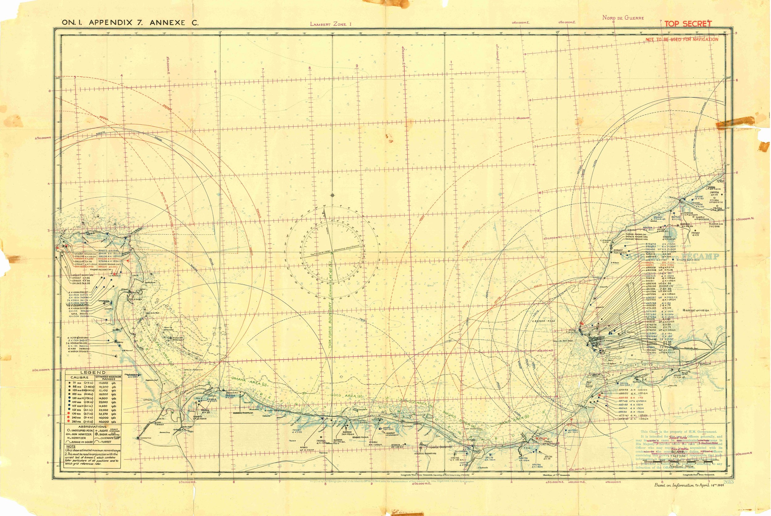 Carte des positions et emplacements des canons côtiers sur la côte normande. Gracieuseté des musées navals et militaires de la BFC Esquimalt.