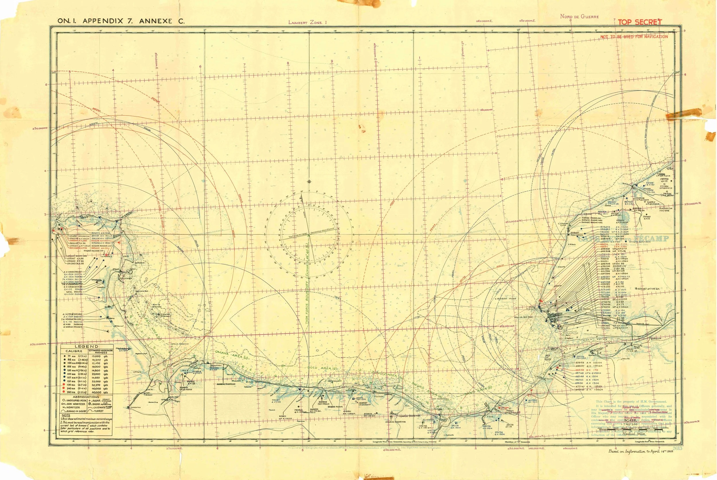 Chart of Coastal gun positions and emplacements on the Normandy coast. Courtesy of CFB Esquimalt Naval & Military Museums.