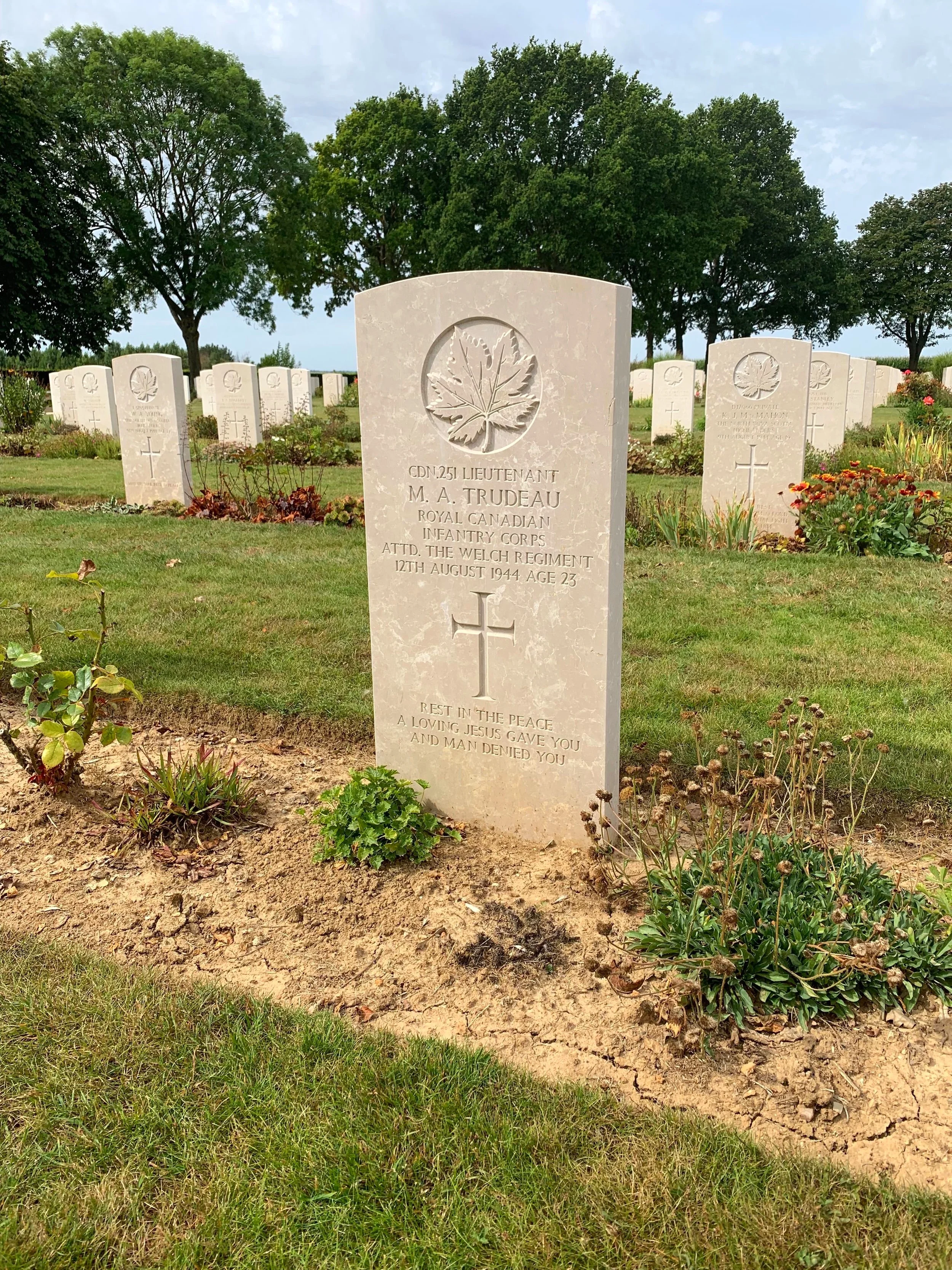 Lieutenant Maurice Trudeau was one of 75 Canadian officers killed in Normandy while on loan to the British Army. The epitaph on his headstone reads “Rest in the peace a loving Jesus gave you and man denied you.” Courtesy of Jen Sguigna and the Juno Beach Centre Association