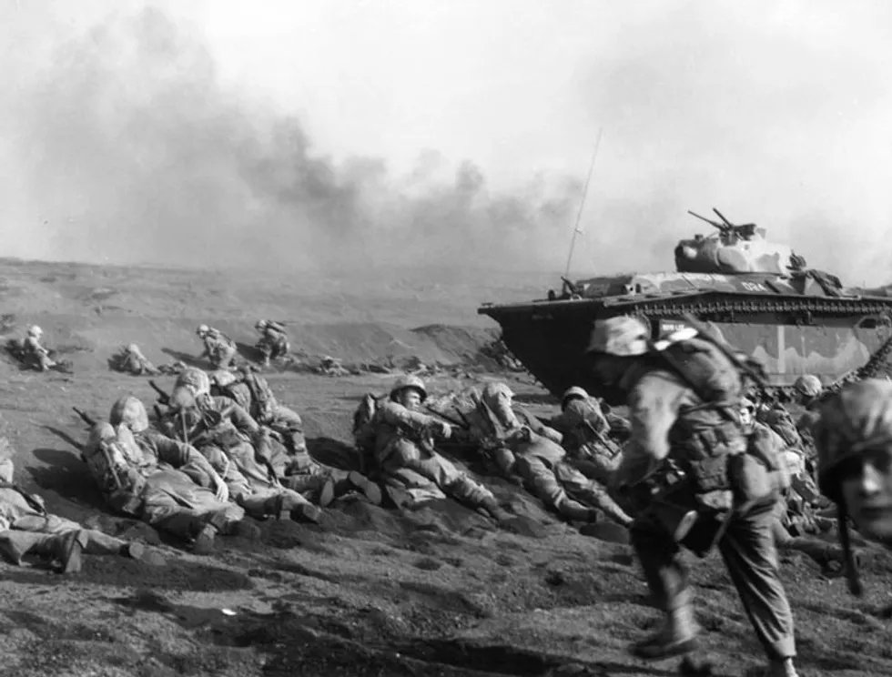 Marines with an LVT(A)-5 in Iwo Jima