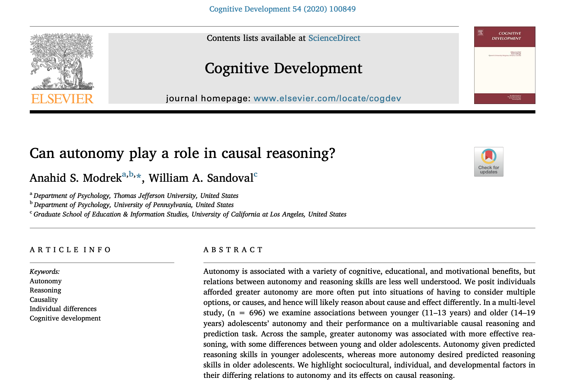 Our paper on autonomy and causal reasoning is out in Cognitive Development with William Sandoval 