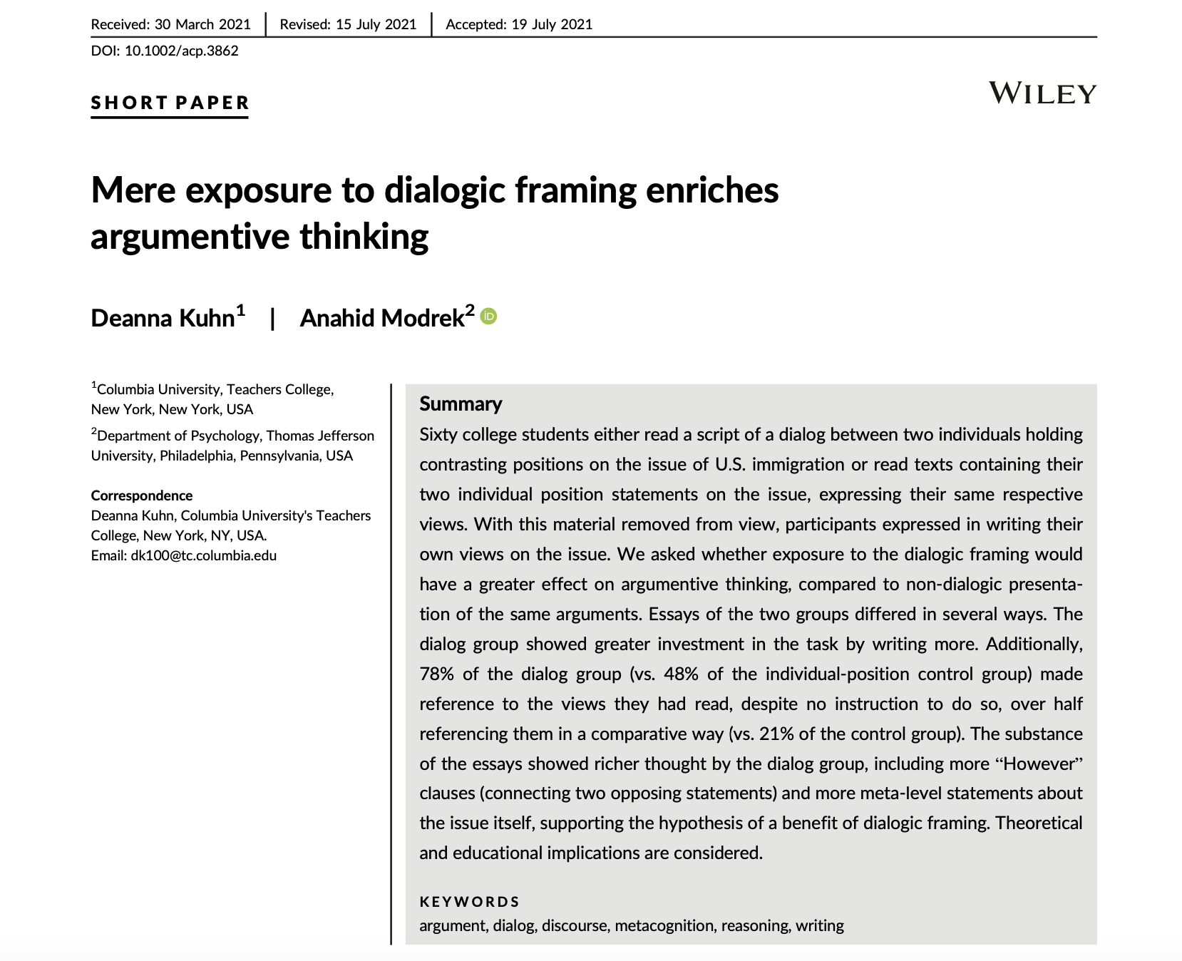 Now out in Applied Cognitive Psychology, work I co-authored with Dr. Deanna Kuhn!