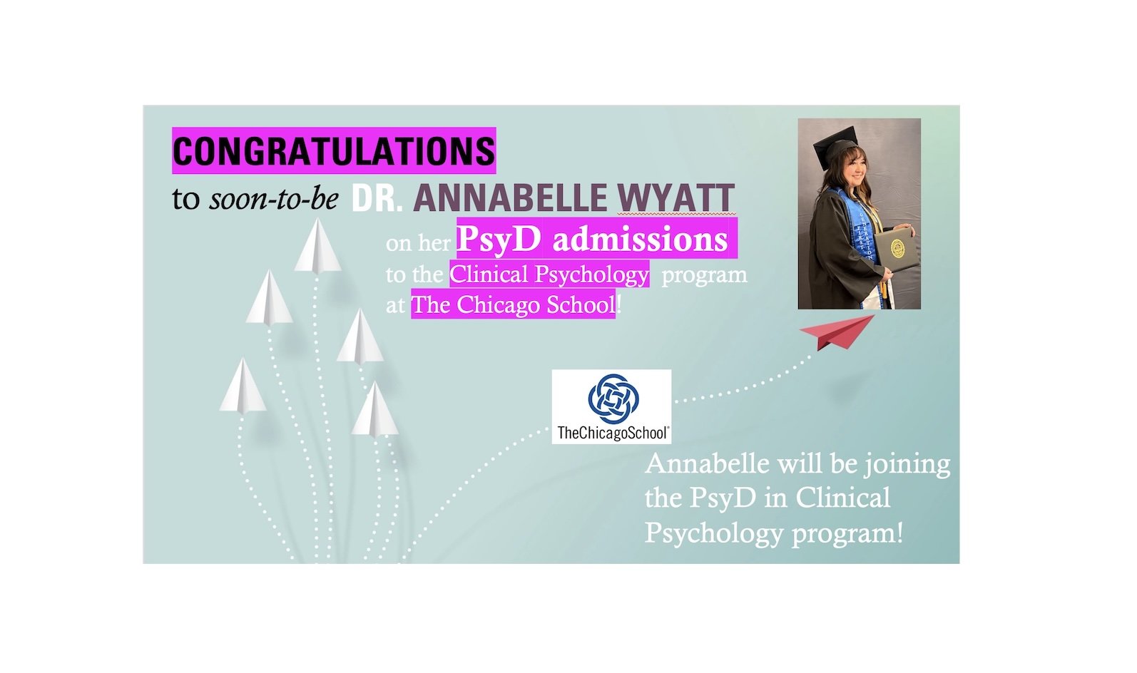 Dr. Modrek's L2L Lab Honors Thesis Advisee, Annabelle Wyatt, is admitted to her top doctoral program!