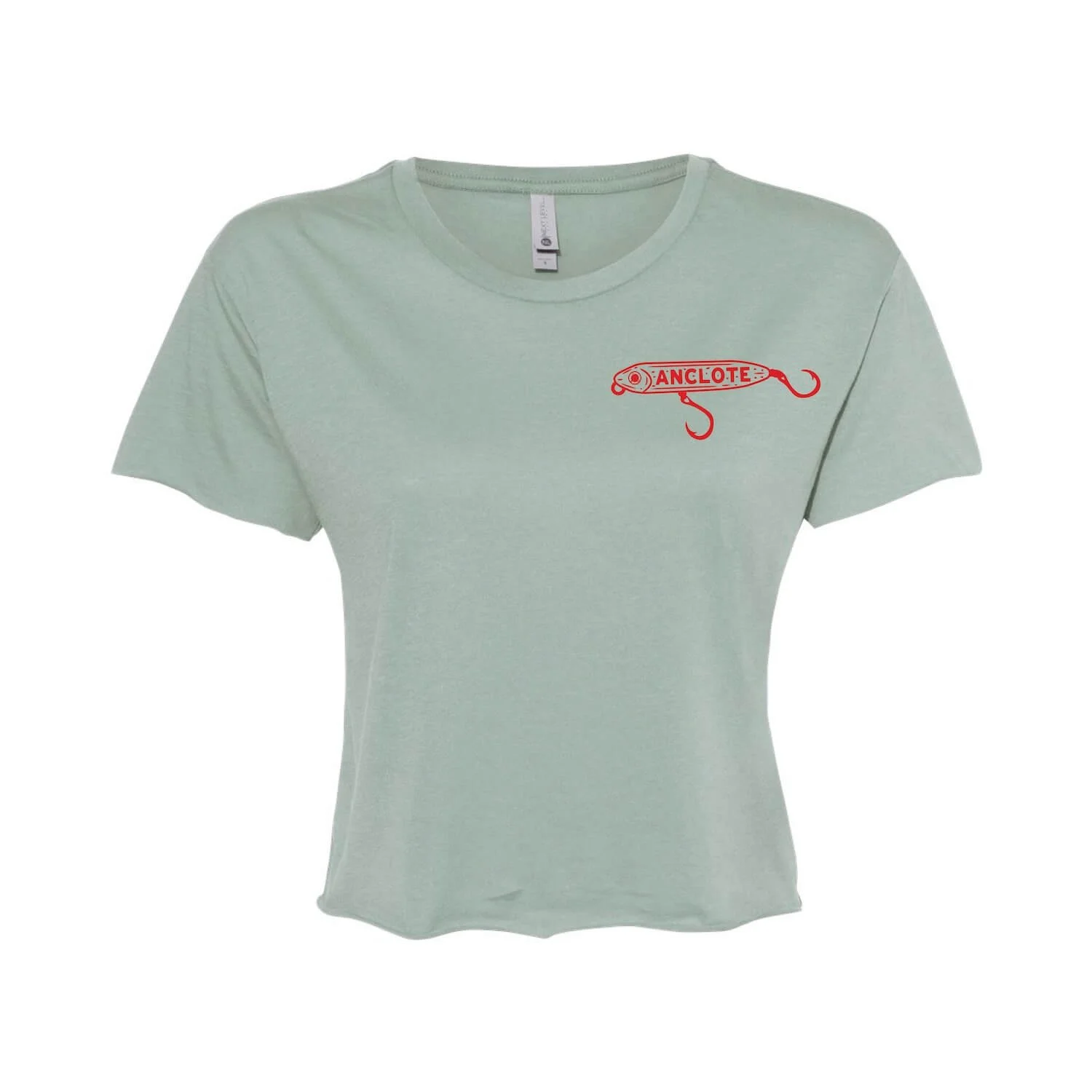 Women’s stonewash green cropped t-shirt with small red Anclote lure logo on left chest.