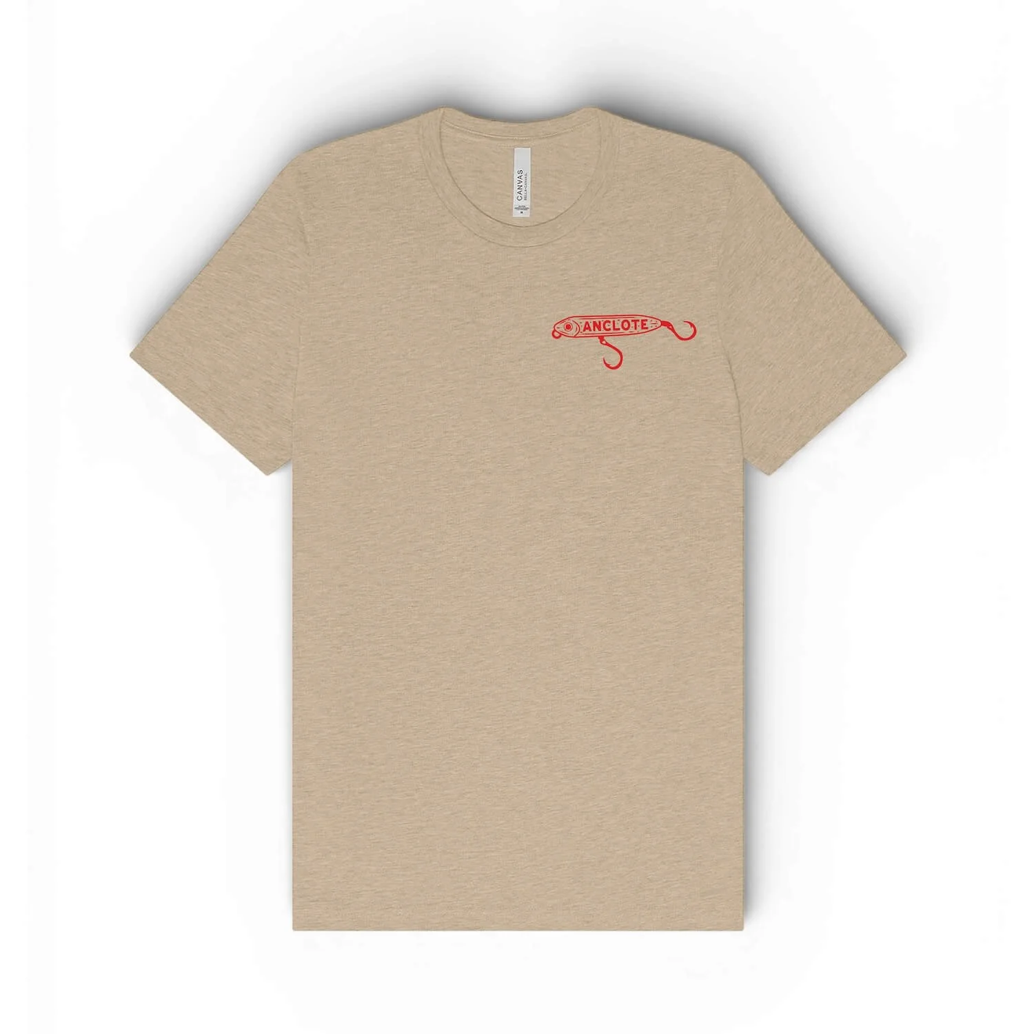Unisex Heather Tan T-Shirt with small red Anclote lure logo on left chest.