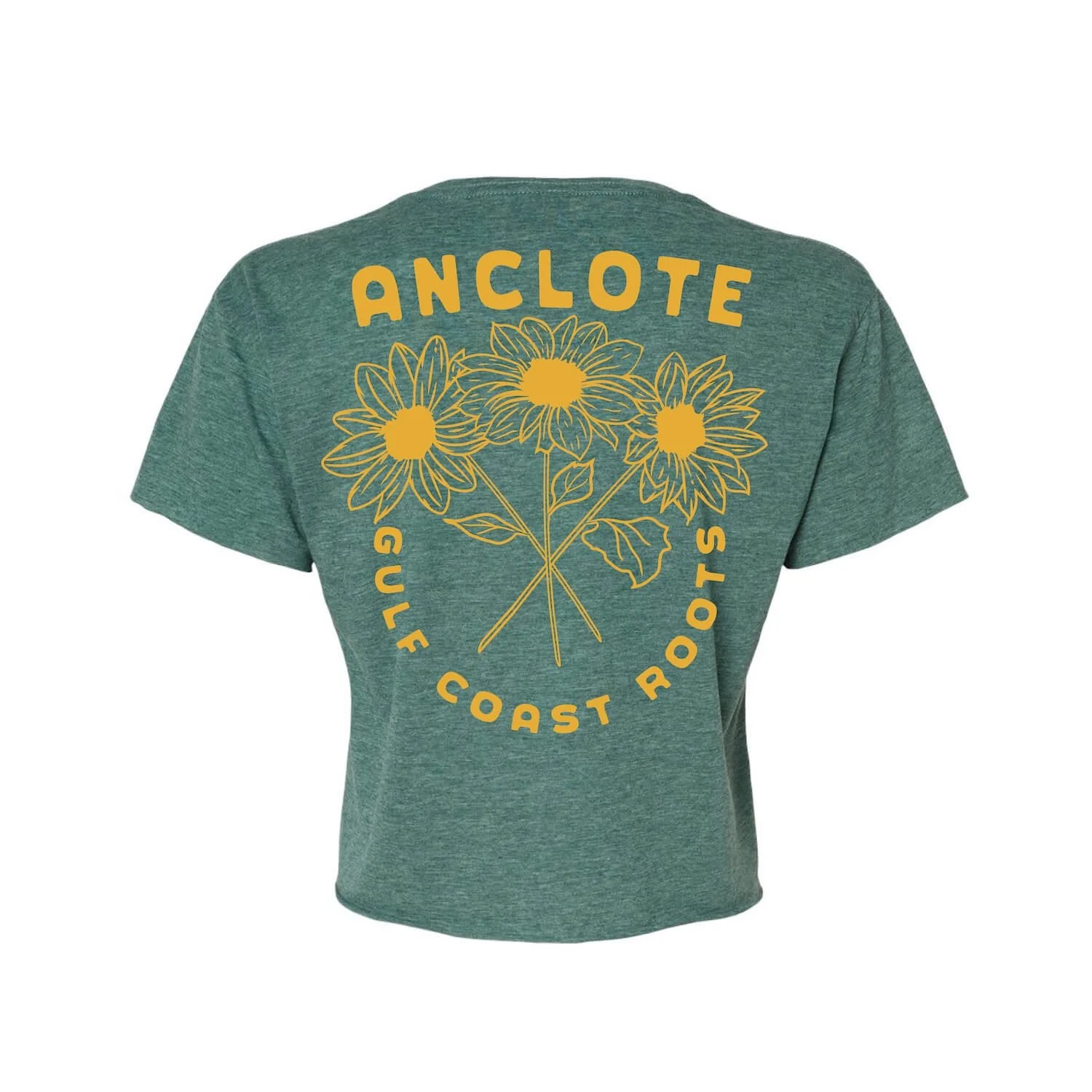 Back of a heather green crop shirt featuring a hand drawn screen printed graphic of beach sunflowers native to Florida with the words "Anclote" and "Gulf Coast Roots"