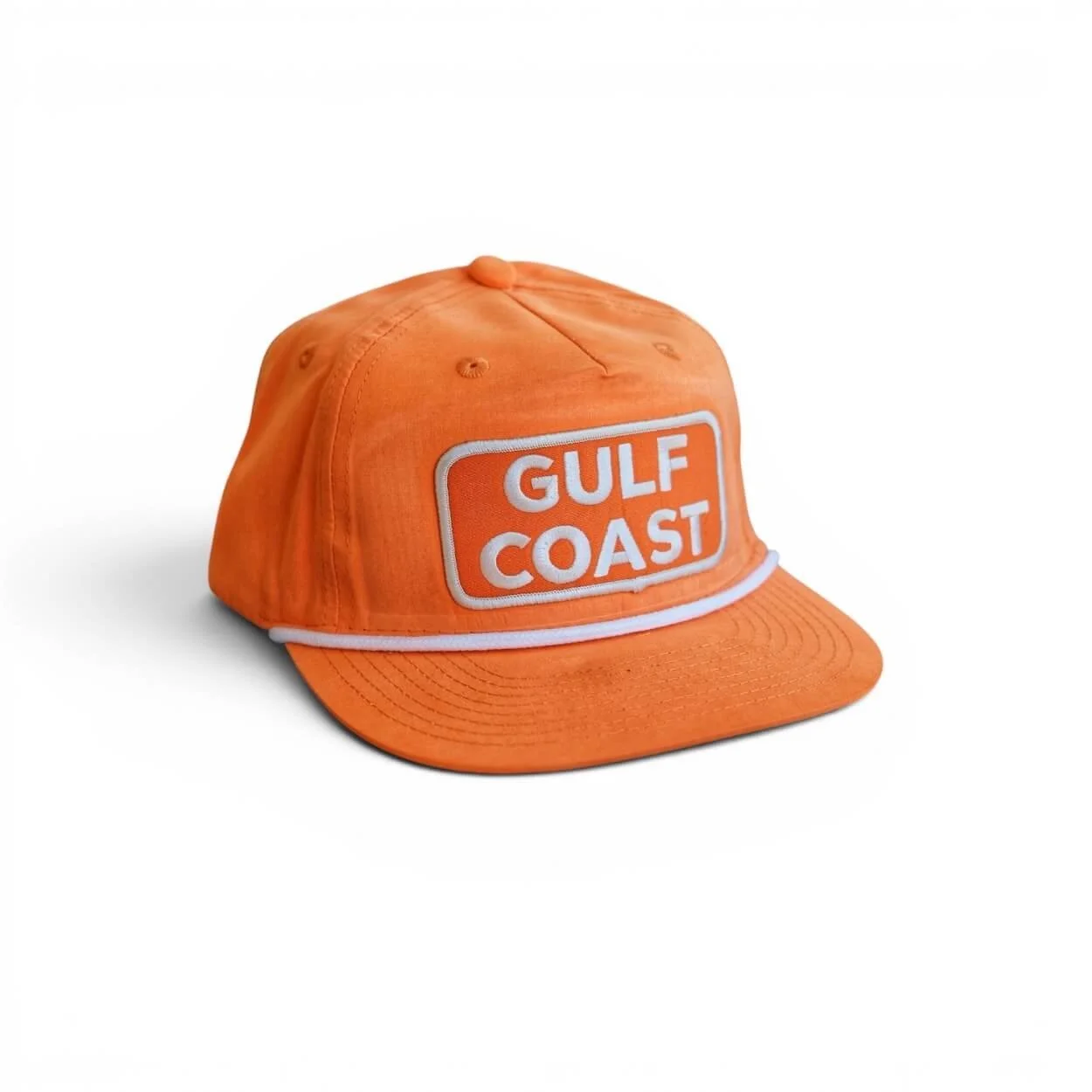 Orange snapback rope hat with ‘Gulf Coast’ orange embroidered patch, flat brim, studio product photo.