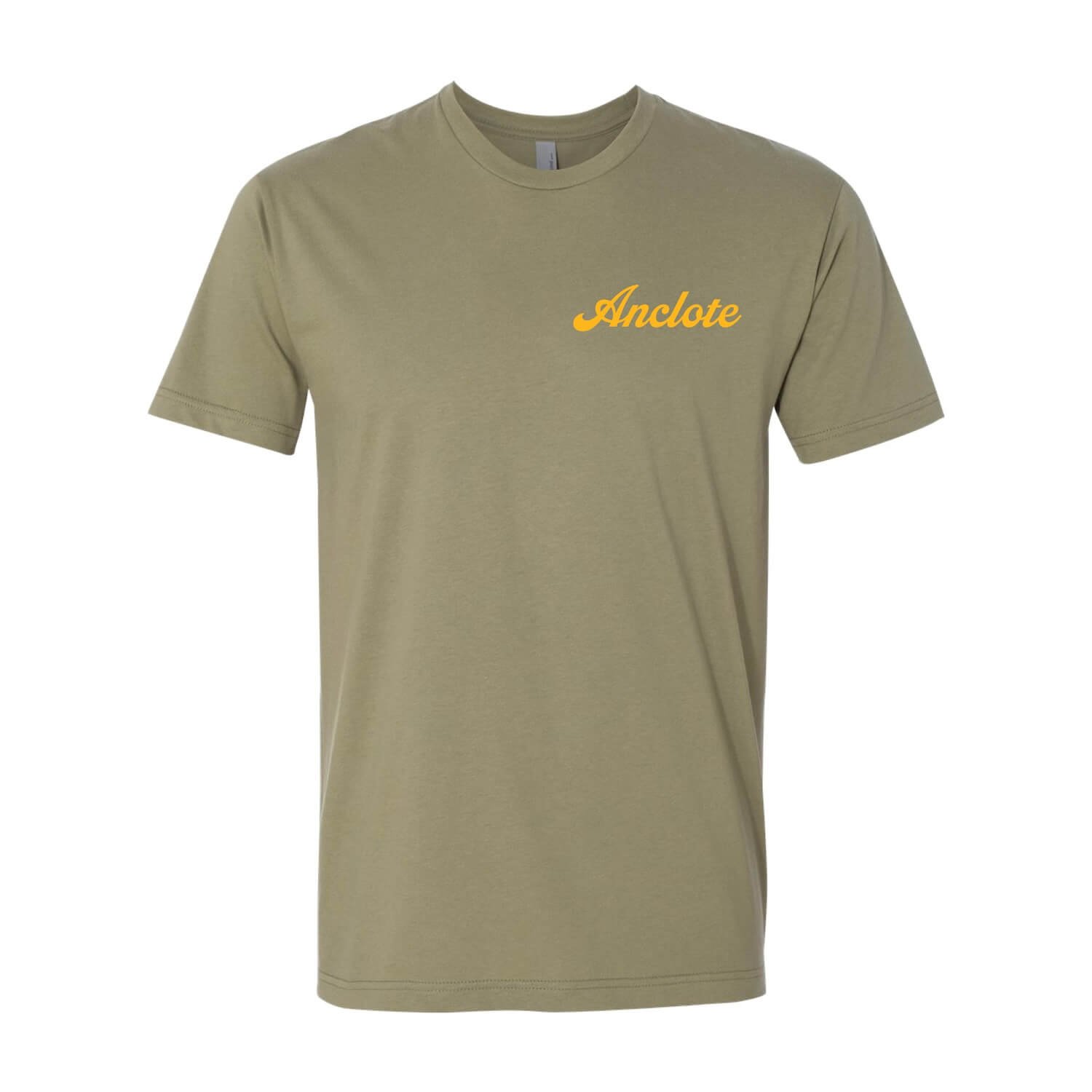 The front of an olive colored shirt featuring a left chest graphic that reads "Anclote"