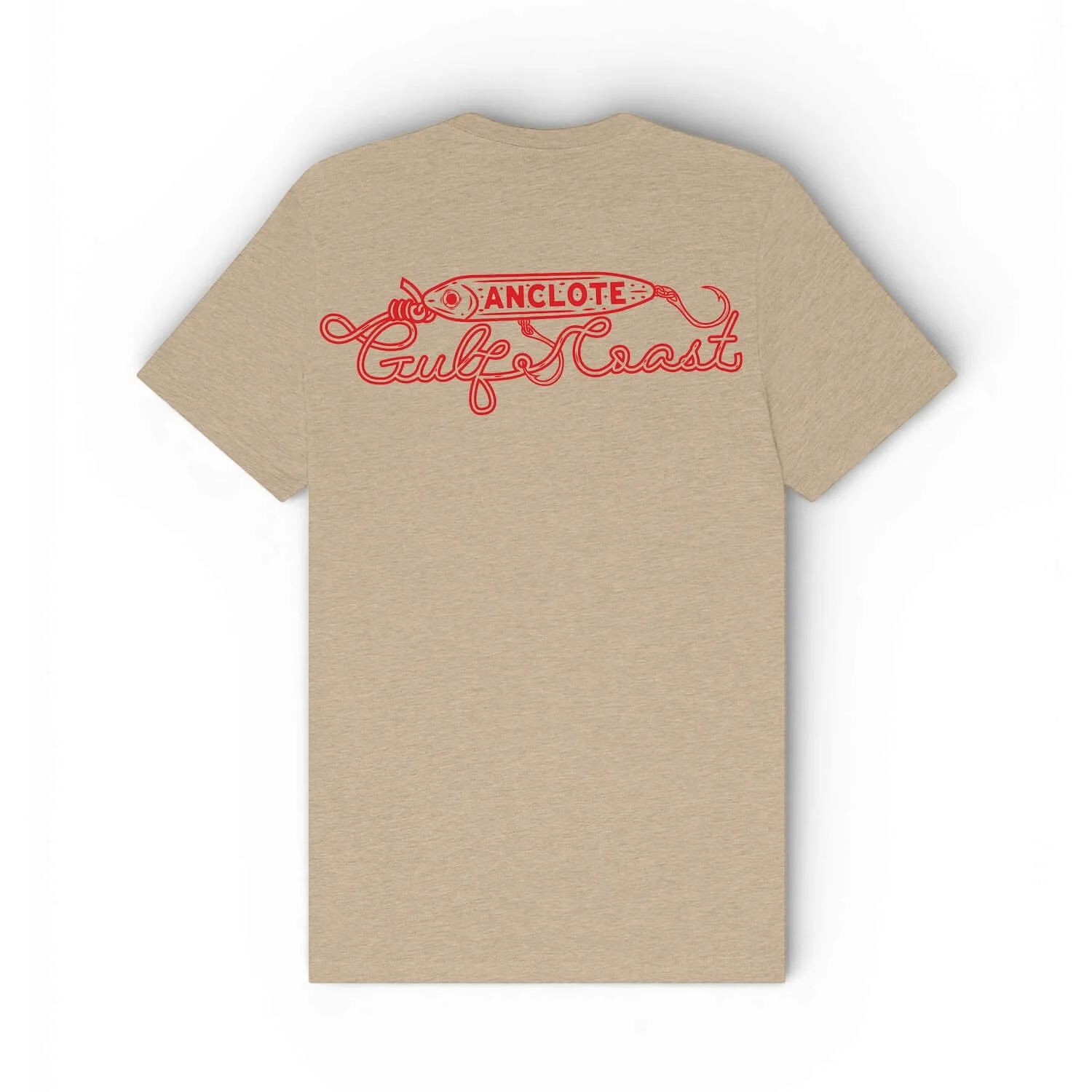 Unisex heather tan t-shirt featuring a red Anclote fishing lure graphic with “Gulf Coast” script across the back.