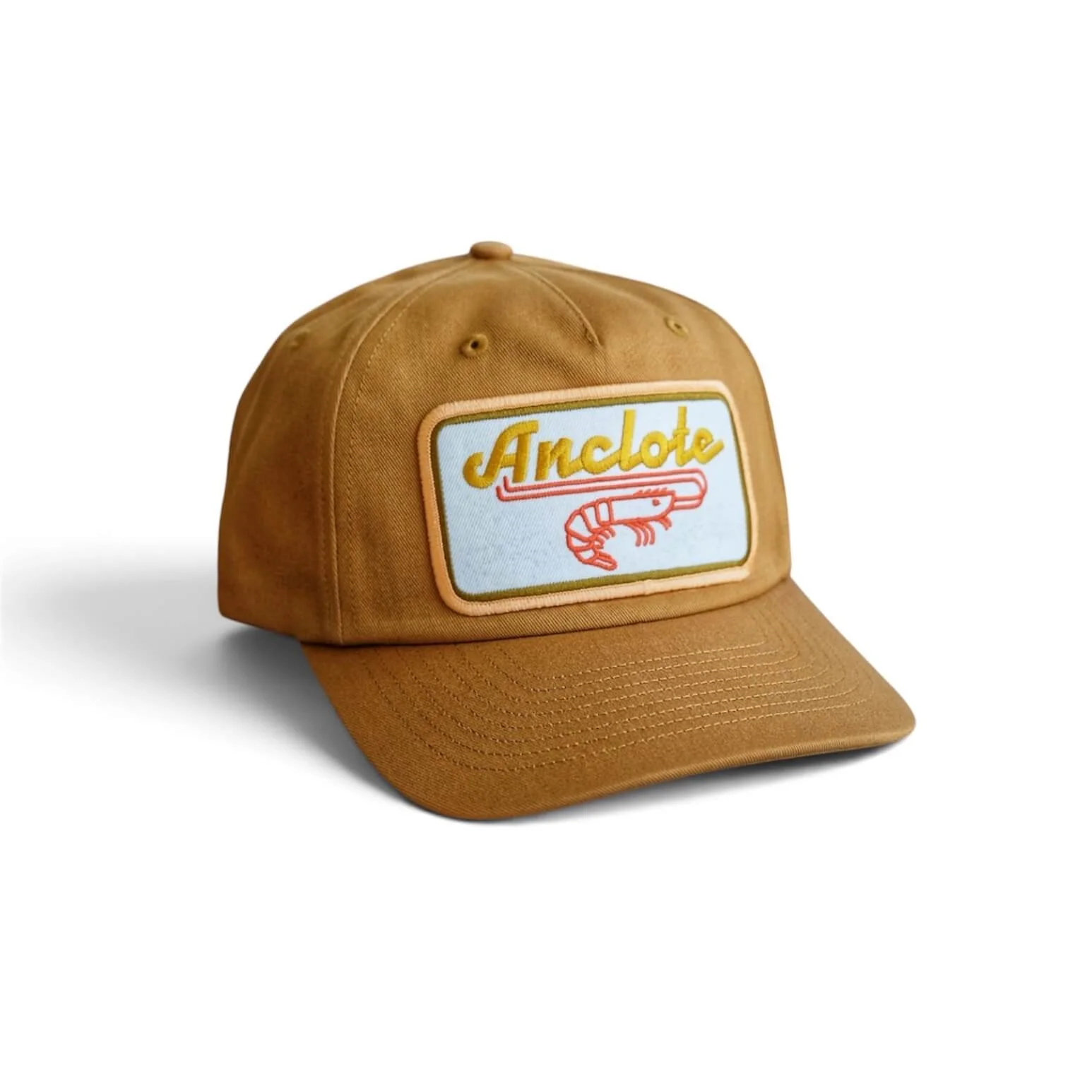 Front of the Anclote Skrimp Cap featuring a classic gulf coast skrimp embroidered patch