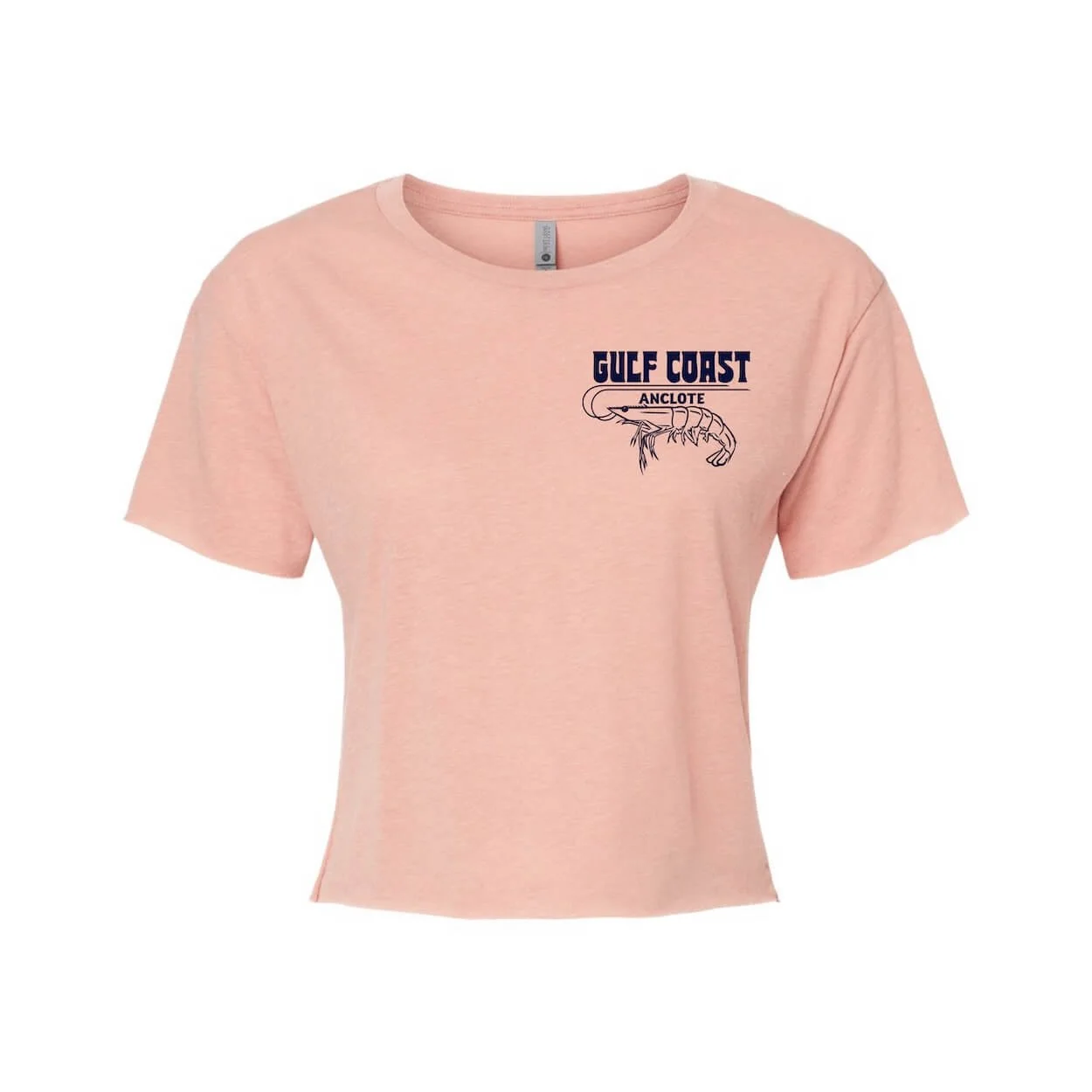The front of a women's screen printed peach crop top featuring a left chest  gulf coast shrimp graphic