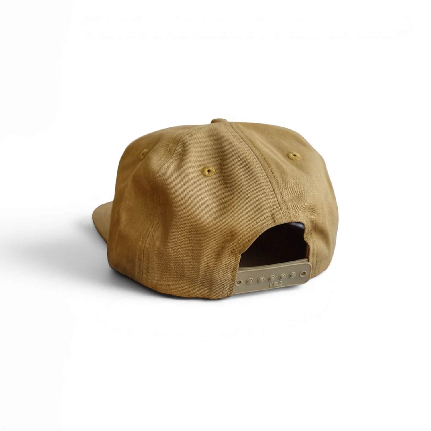 Back of a caramel cotton snapback hat with Gulf Coast Scallop club embroidered patch, flat brim, studio product photo.