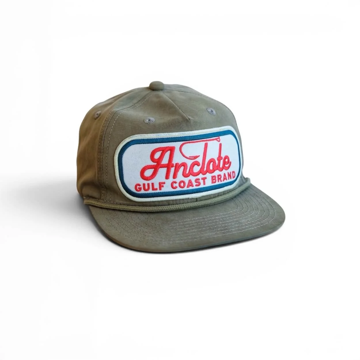 Olive cotton rope snapback hat with ‘Anclote Gulf Coast Brand’ embroidered patch, flat brim, studio product photo. (Copy)