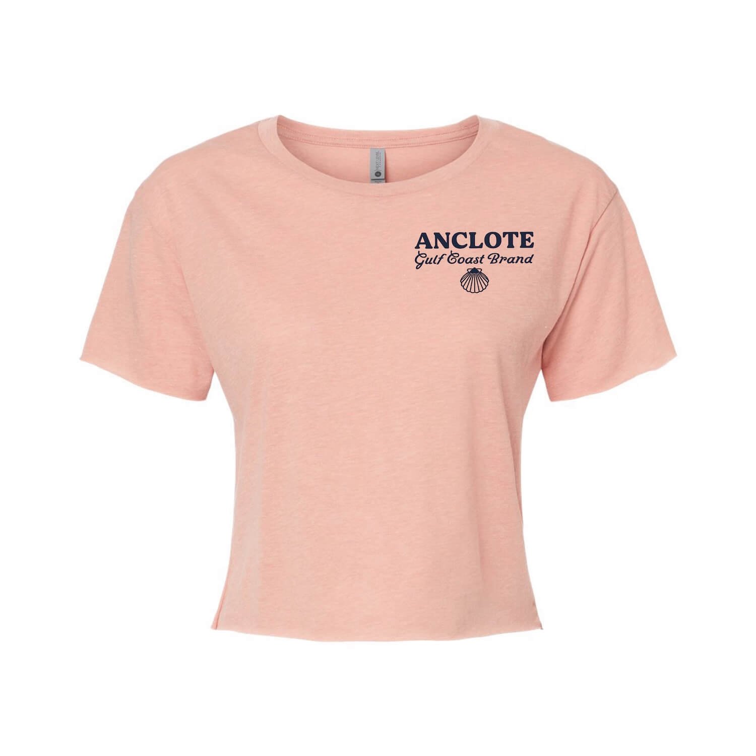 Front of the gulf coast scallop club women's crop shirt in a dusty pink color