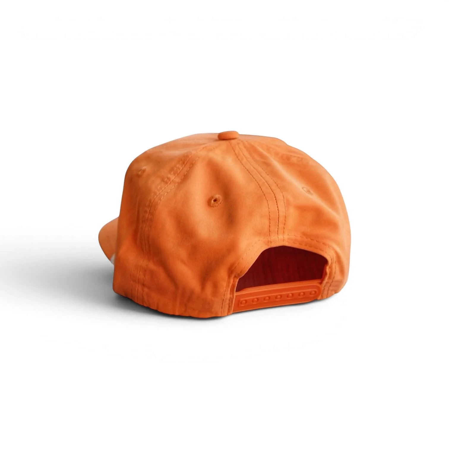 Back of an orange rope snapback hat with ‘Gulf Coast Scallop Club' embroidered patch, flat brim, studio product photo