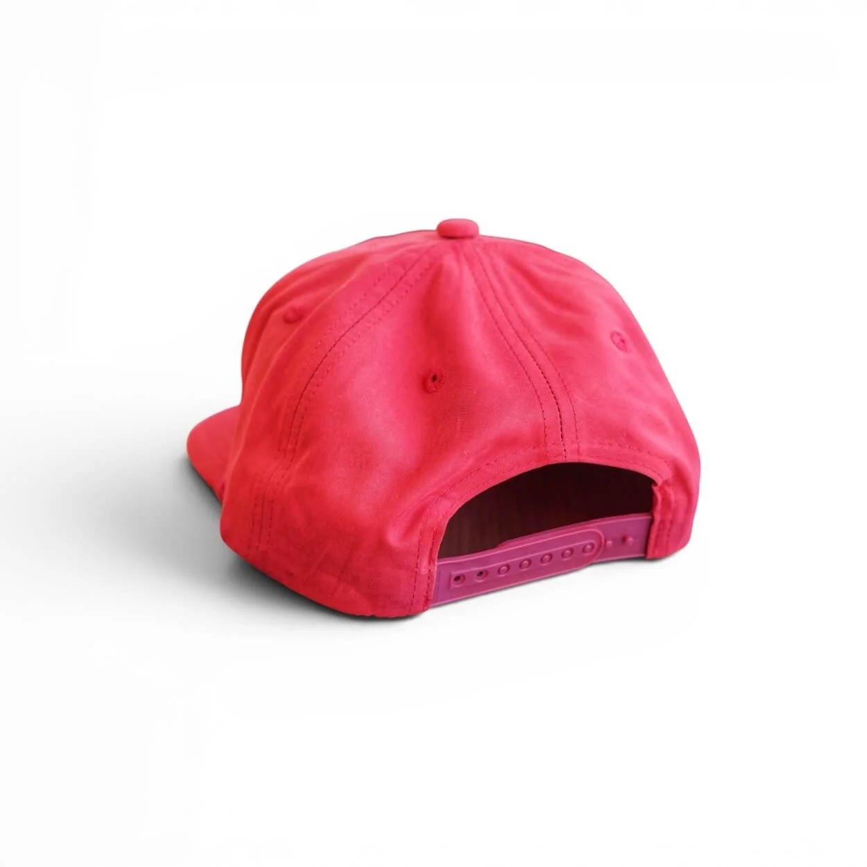 The back of a red-colored Fresh off the Boat snapback rope hat with blue embroidered patch on a clean white background.