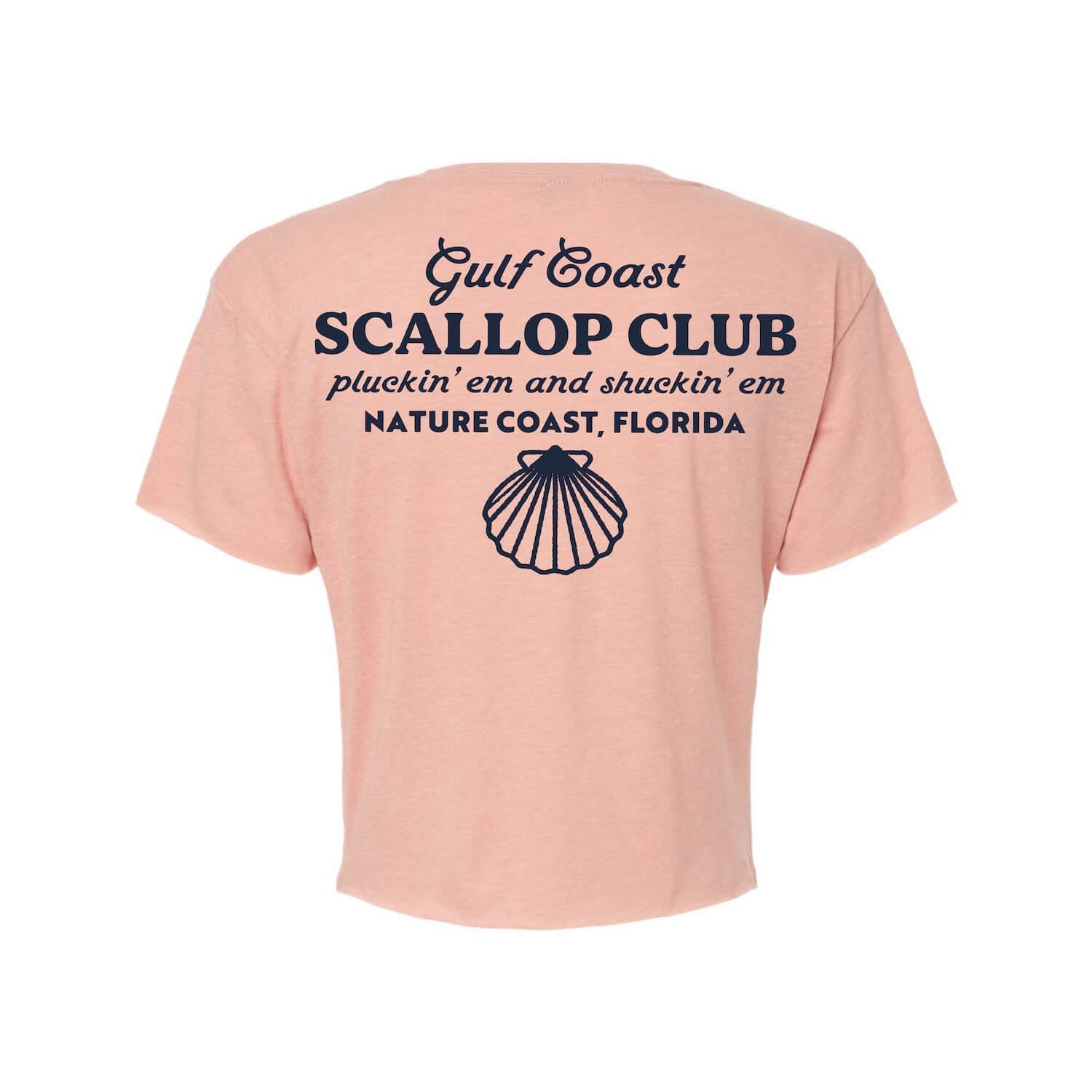 Back of the gulf coast scallop club women's crop shirt in a dusty pink color