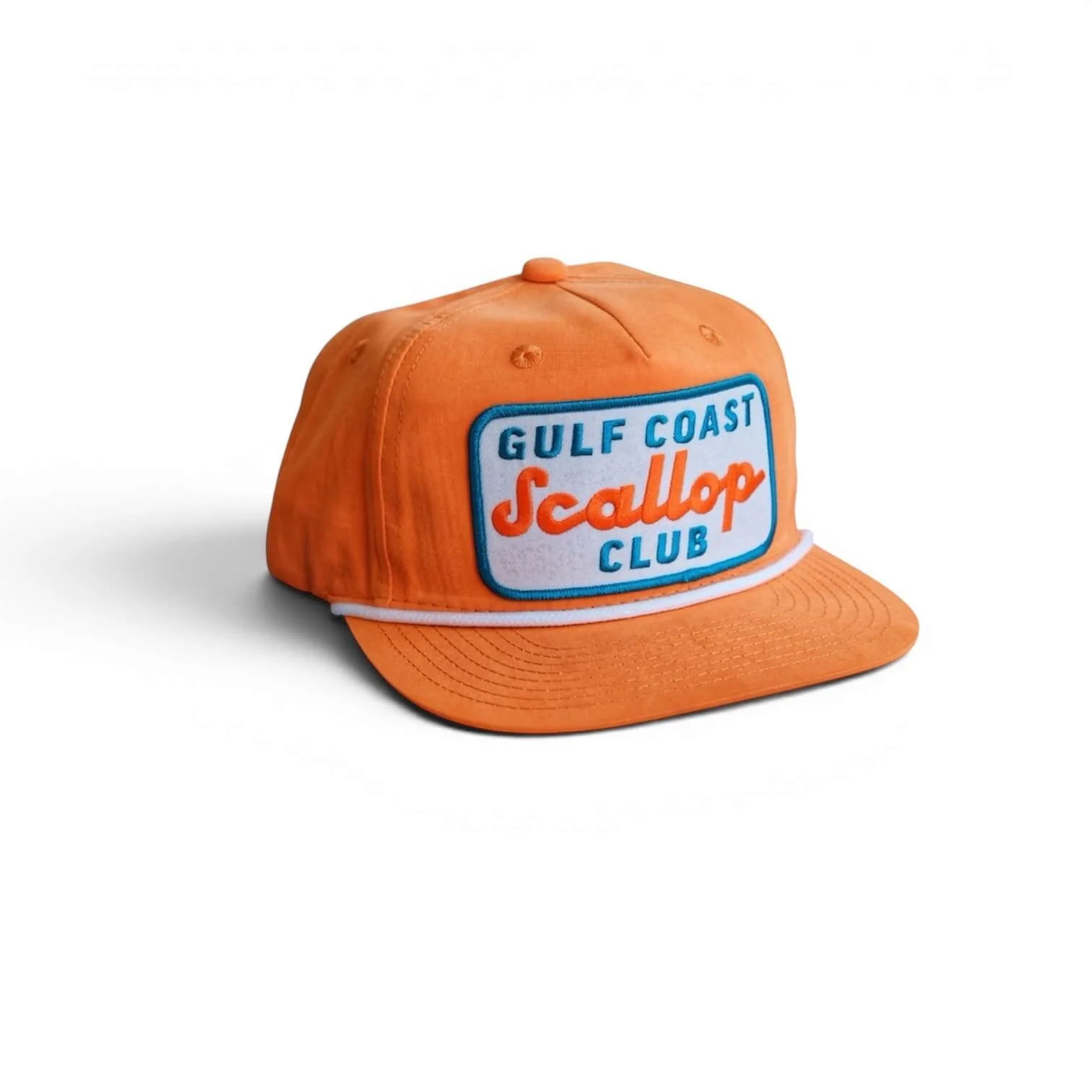 Front of an orange rope snapback hat with ‘Gulf Coast Scallop Club' embroidered patch, flat brim, studio product photo