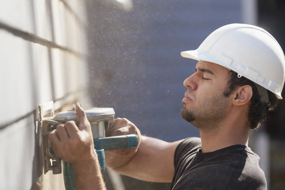Hispanic carpenter trimming house siding during renovations to add a deck