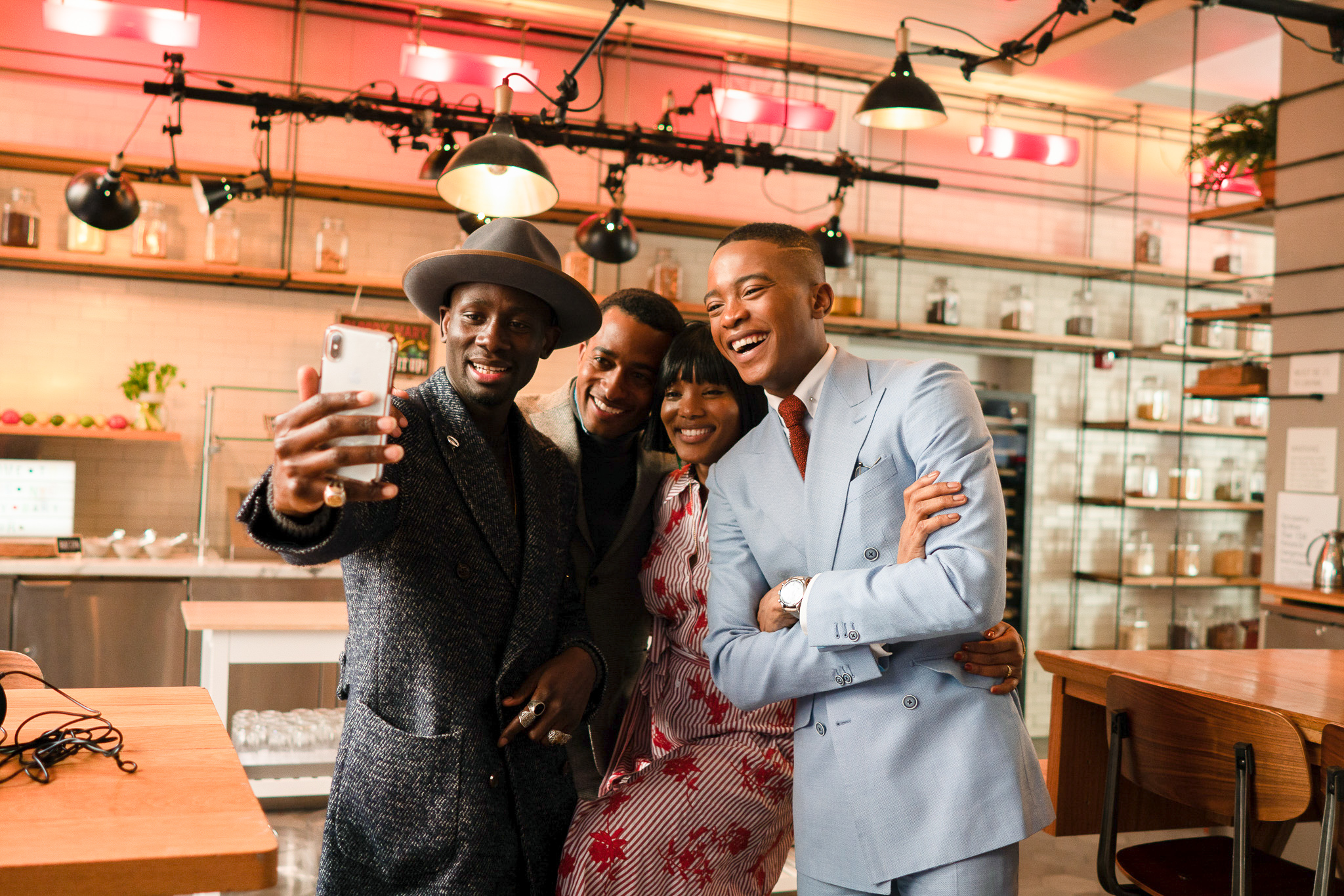 From Left To Right: Salomon DuBois Thiombiano, Marcus Richardson, Delanique Millwood, and Igee Okafor attend the BOND OFFICIAL x InStitchu Brunch at Harold’s on Saturday, March 23rd, 2019. Photography by, Inexora Media.