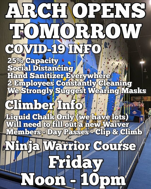 We open tomorrow!  Friday May 29 Noon - 10pm! Who all is coming out?? Lots of info in that picture, so if you have any questions, let us know!  We currently have 30 boulder problems, 21 top rope problems, and 6 Auto belays.  Your first time coming in