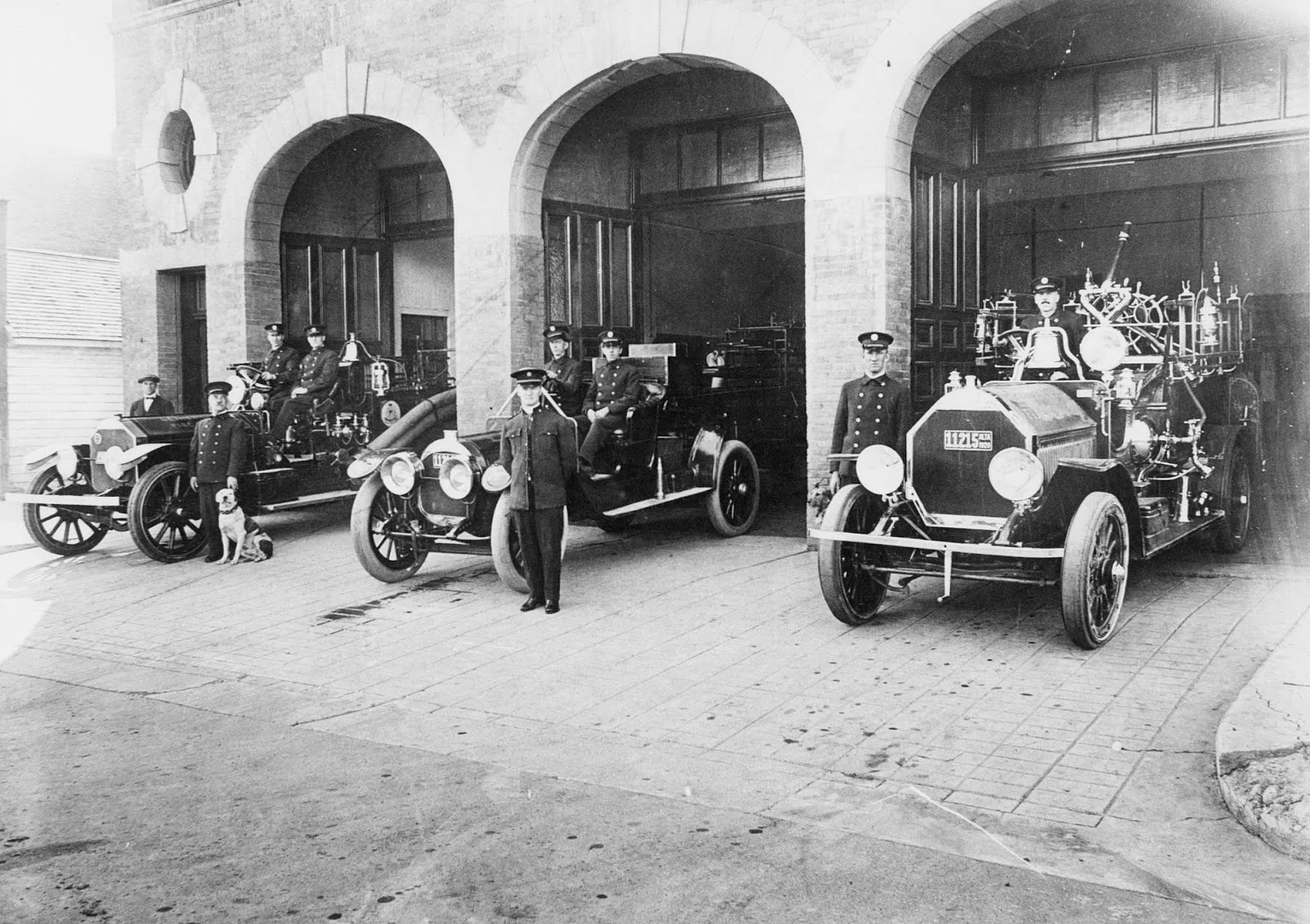 William Hardy, centre, in front of the old Fire Hall #1. Courtesy the Galt Museum & Archives: 19981071015.