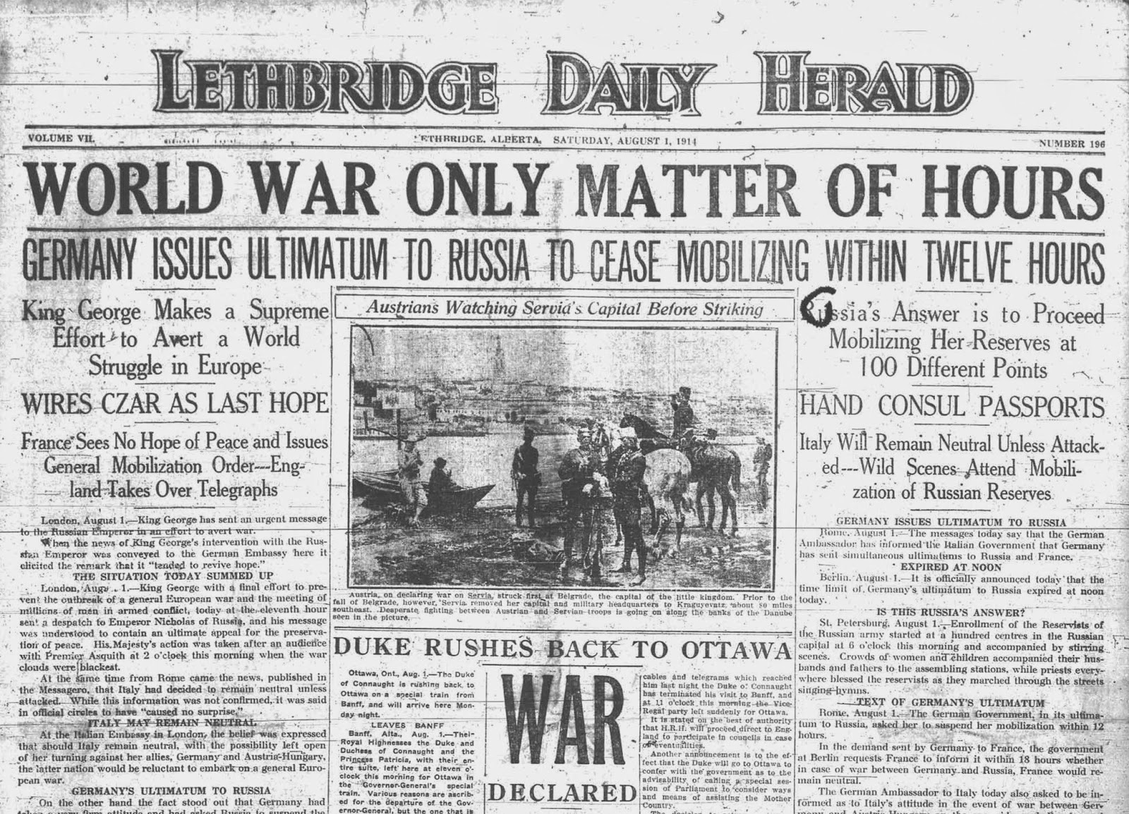 August 3, 1914 Lethbridge Daily Herald cover