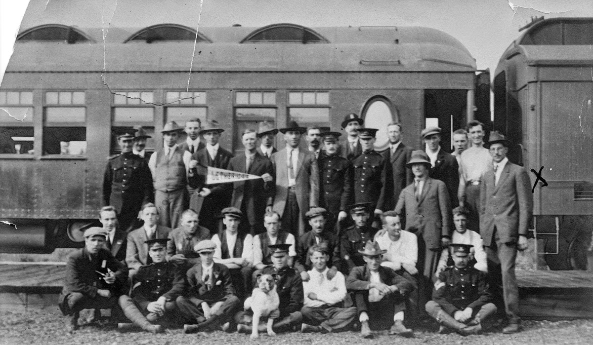 The first contingent of Lethbridge volunteers left the city on August 18, 1914 bound for Valcartier, Quebec. The group included 25 members of the 25th Independent Battery, more than 50 British reservists, and a handful of other locals hoping to get on with one of the infantry battalions. Courtesy the Galt Museum & Archives: 19831018000