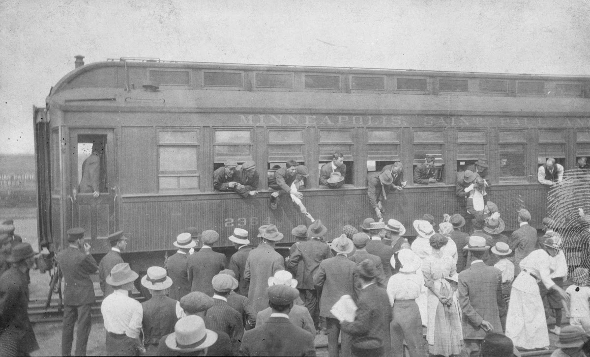 On August 27, 1914 a second group of 100 eager volunteers boarded the train for the trip to Valcartier, Quebec. A large number of these men would serve together in Calgary's 10th Battalion, which was part of the first division and fought in the early battles in France and Flanders. Courtesy the Galt Museum & Archives: 20131017002