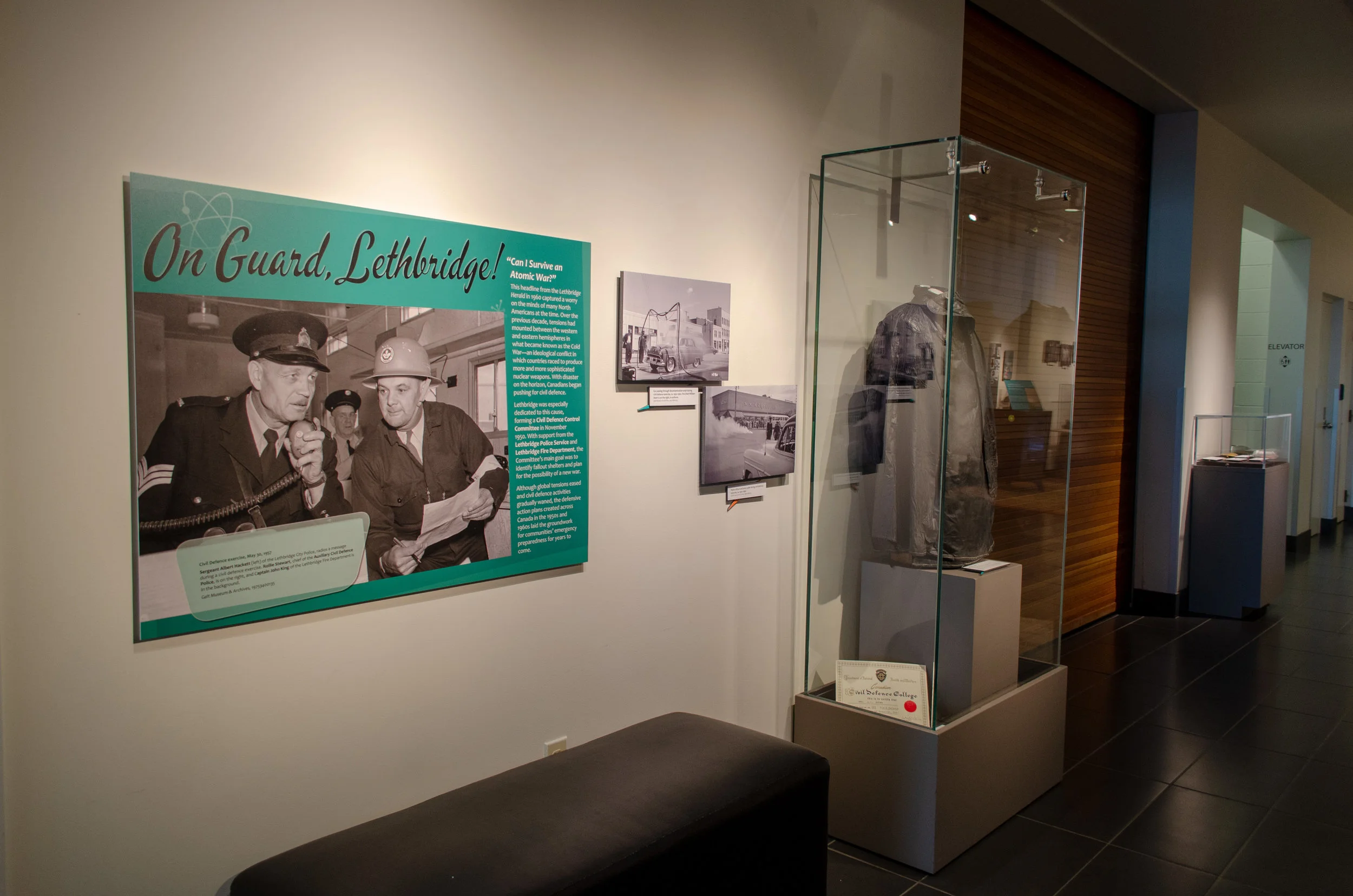 The opening panel and artifacts in the exhibit On Guard, Lethbridge!