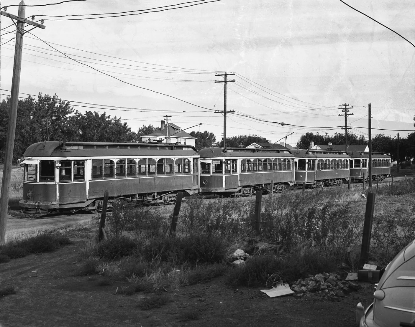View of the Lethbridge streetcars in a storage yard after the closure of the street railway system on 8 September 1947.