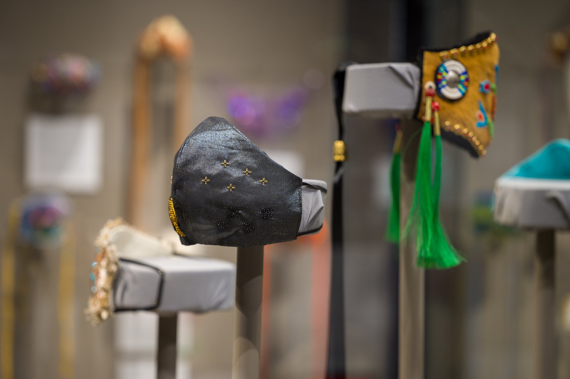  Masks on display in the  Breathe. (2nd Wave)  exhibit. Photo by Galt Museum &amp; Archives 