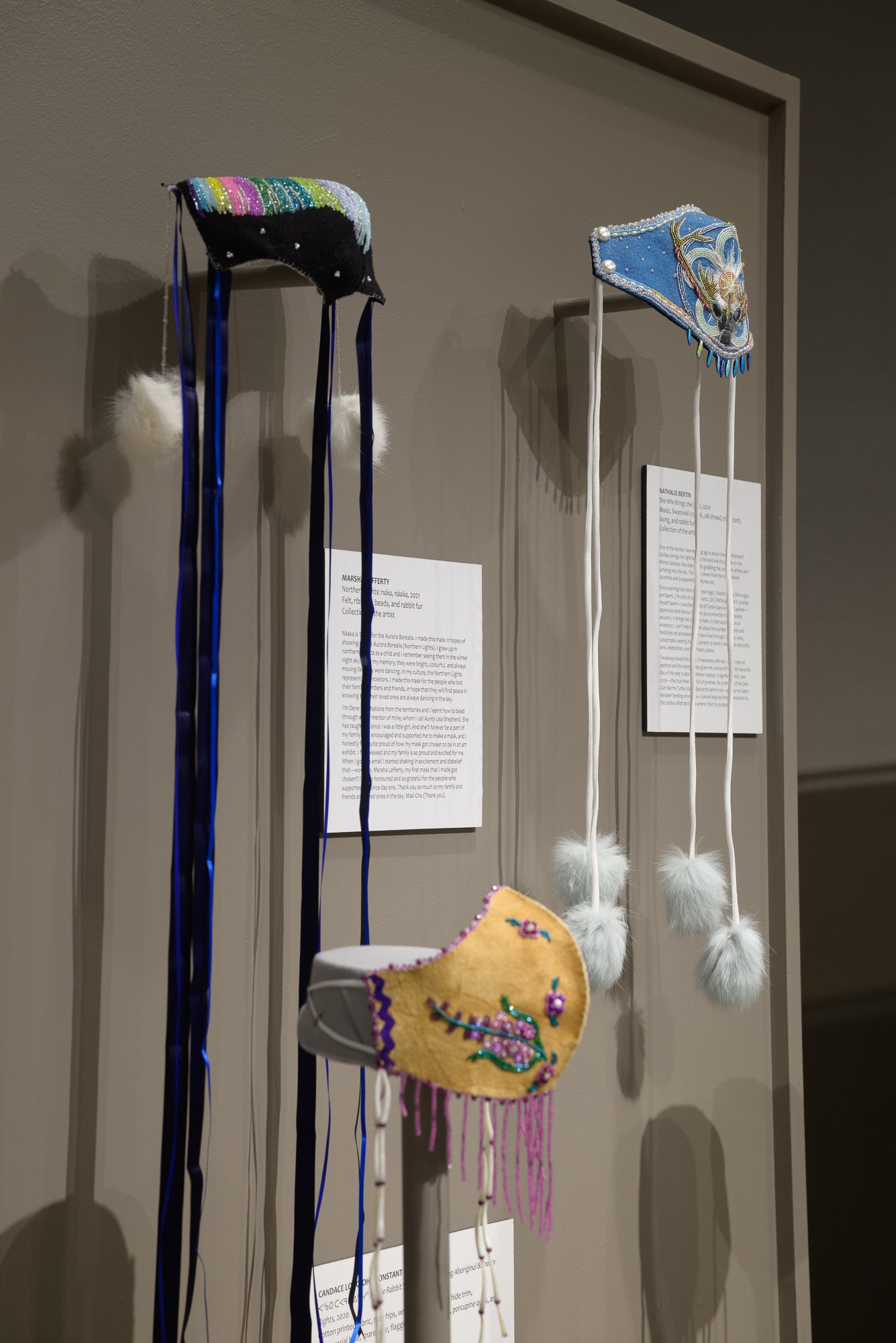  Masks on display in the  Breathe. (2nd Wave)  exhibit. Photo by Galt Museum &amp; Archives 
