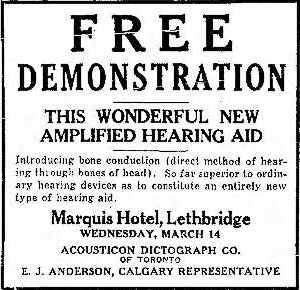  Advertisement in the Lethbridge Herald for hearing aid device, March 1934. 