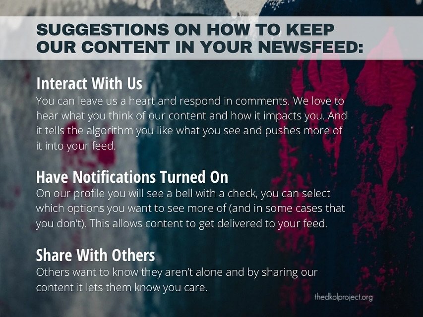 We are hoping to empower us all to choose which content you'd like in your newsfeed and perhaps find a work around to the algorithm dilemma we are feeling. #useyourvoice #beheard #nonprofit #thedkollafemmeproject