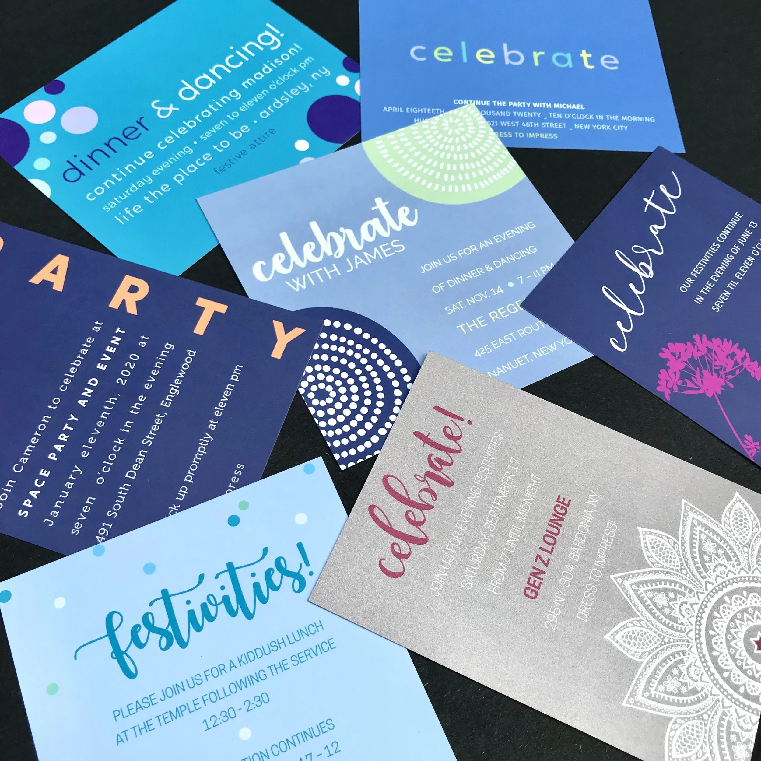 Vibrant, custom event cards for Bar & Bat Mitzvahs.