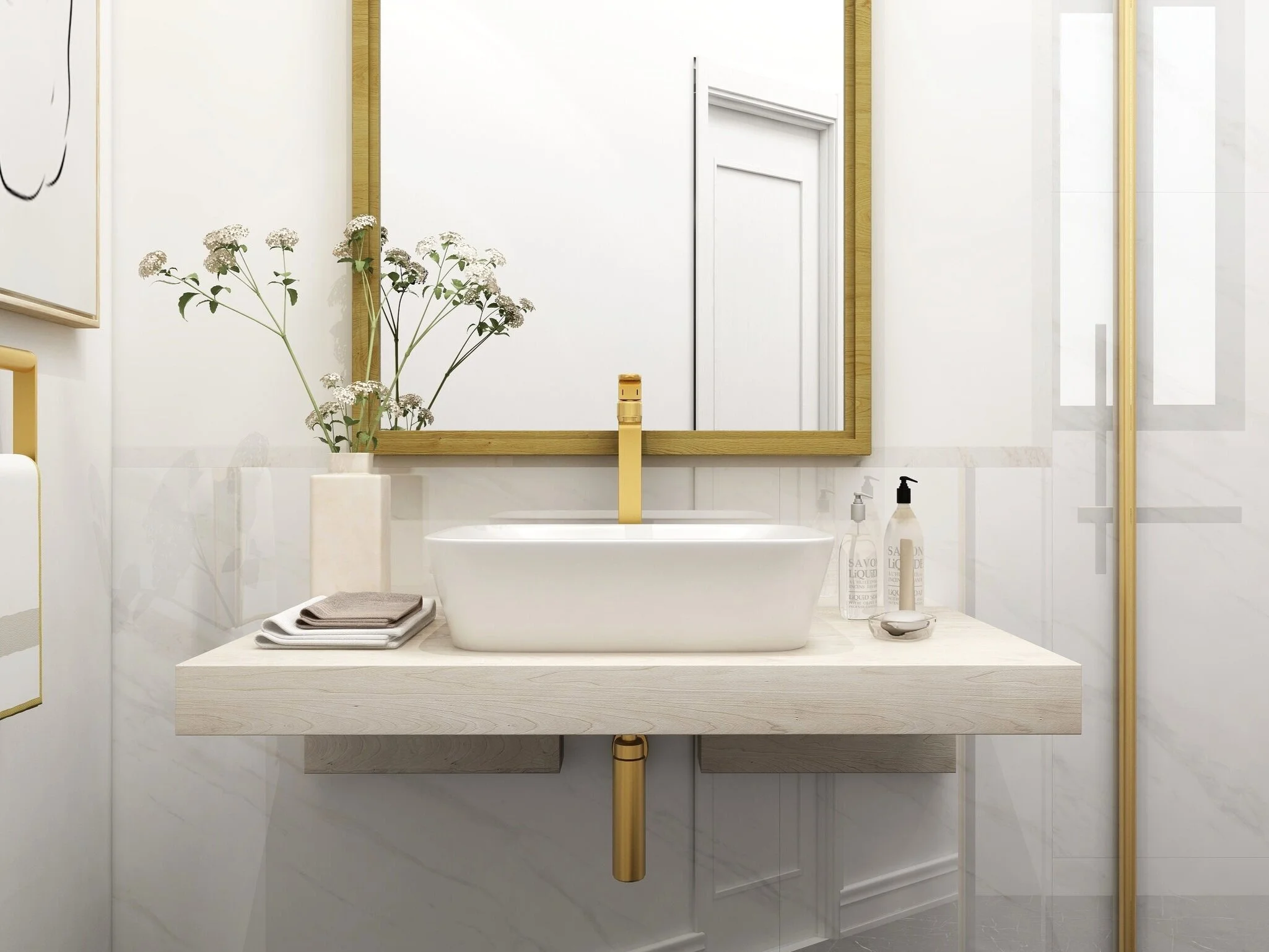 vessel sink in small bathroom | design and rendering by shannon levy interiors.